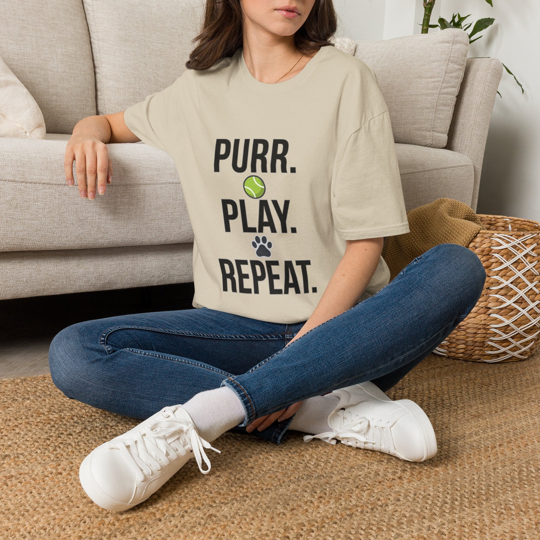 Purr. Play. Repeat. Cat Lover T-Shirt — Tennis Ball & Paw Graphic