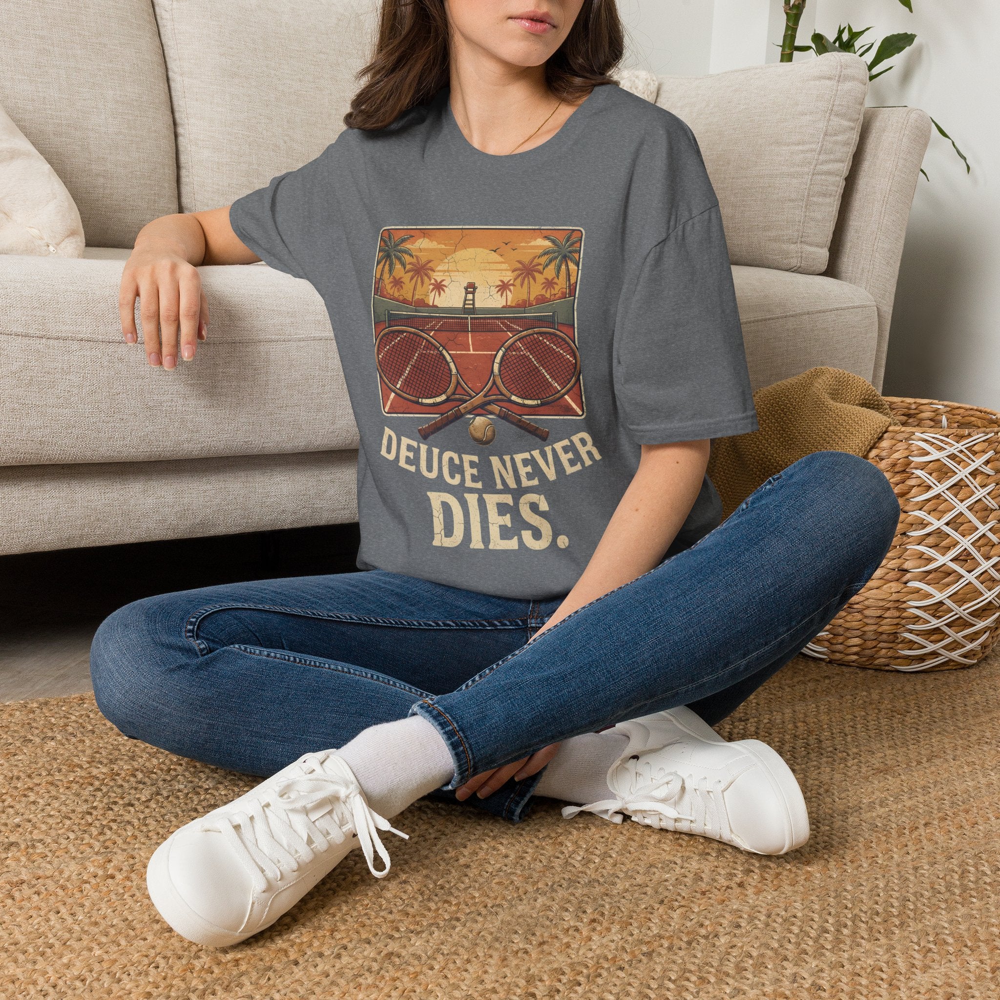 Tennis Sunset T-Shirt — Vintage 'Deuce Never Dies' Tennis Graphic Tee