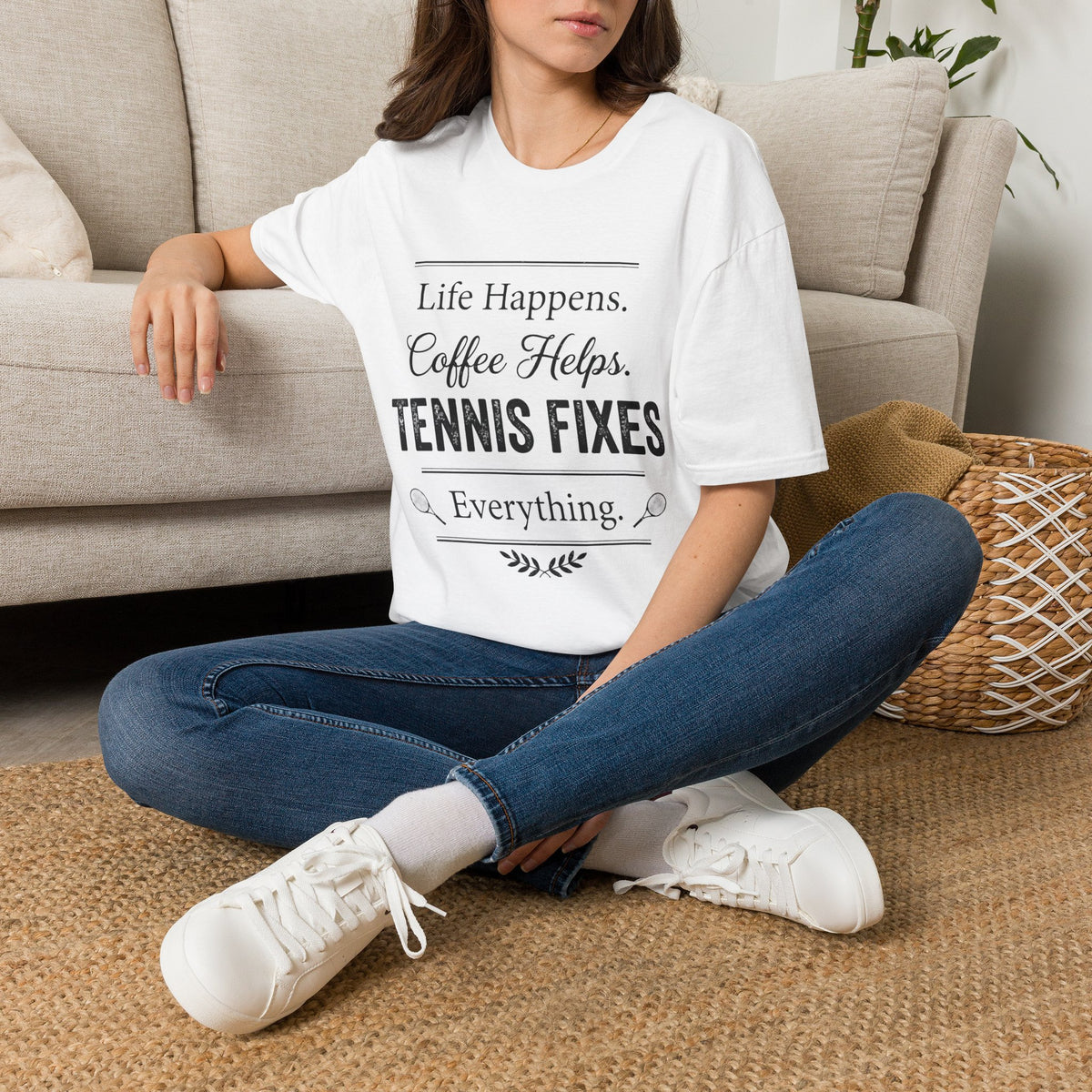 T-Shirt — "Life Happens. Coffee Helps. Tennis Fixes Everything."