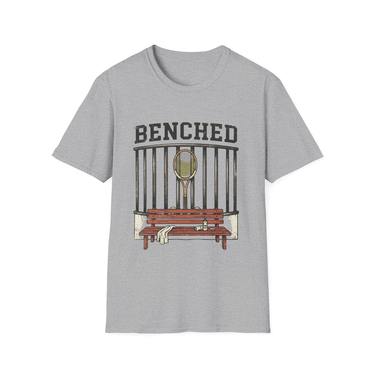 Benched Tennis T-Shirt — 'Benched' Graphic Tennis Racket & Bench Tee