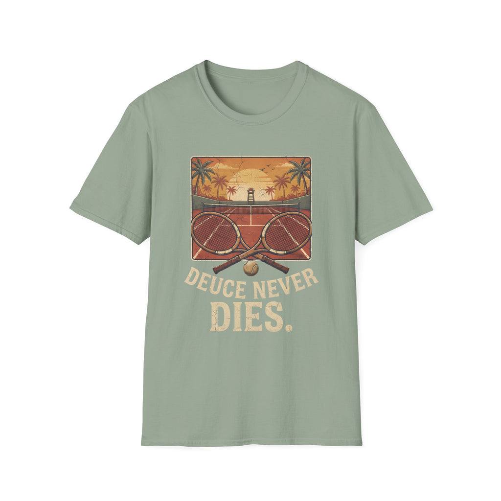 Tennis Sunset T-Shirt — Vintage 'Deuce Never Dies' Tennis Graphic Tee