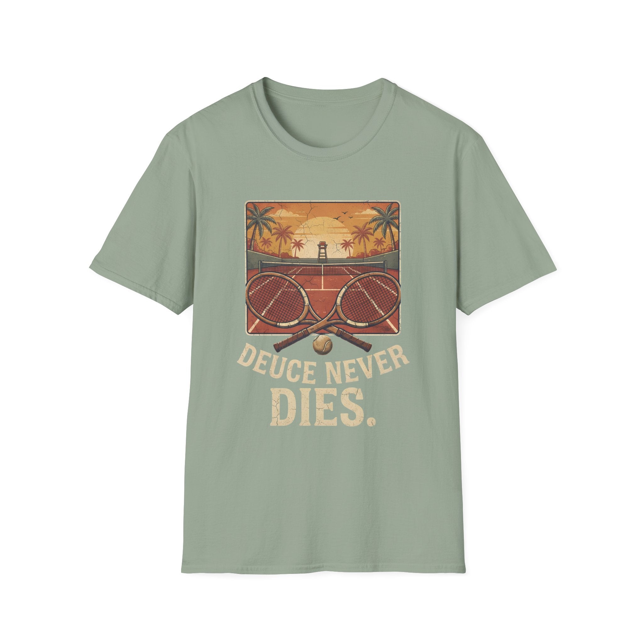 Tennis Sunset T-Shirt — Vintage 'Deuce Never Dies' Tennis Graphic Tee