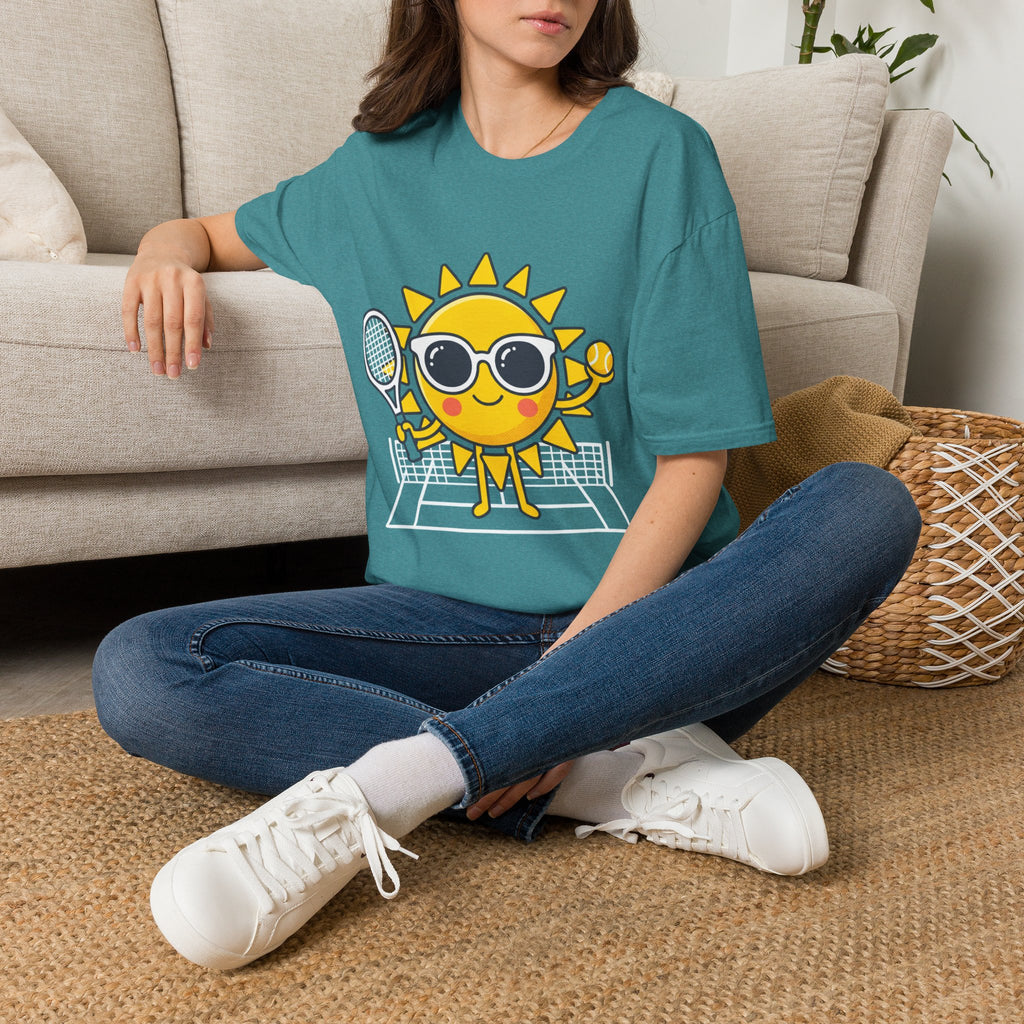 Sun Tennis Emoji T-Shirt — Cute Sunglasses Sun Playing Tennis Graphic Tee