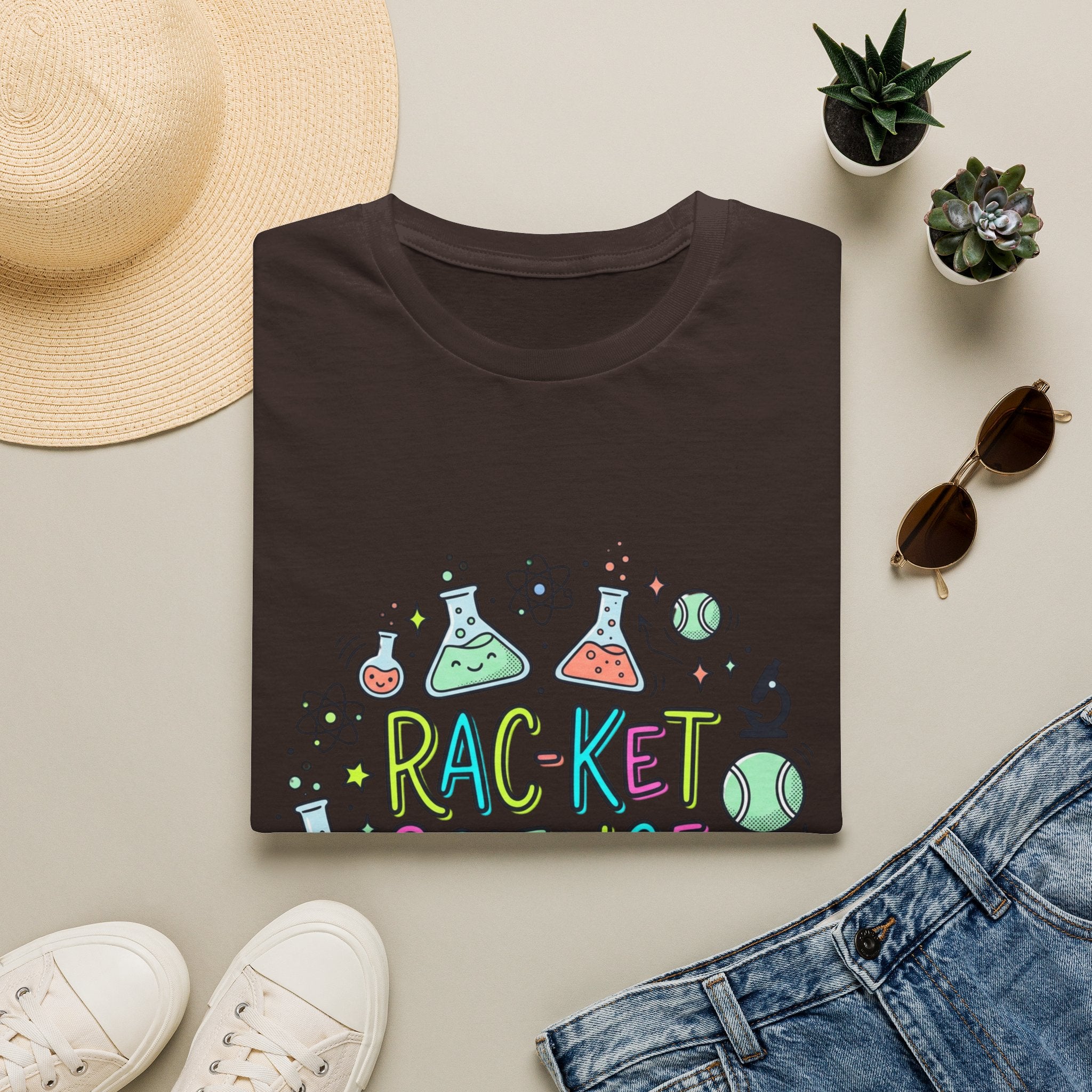 T-Shirt — Racket Science Graphic Tee (tennis + lab beakers)