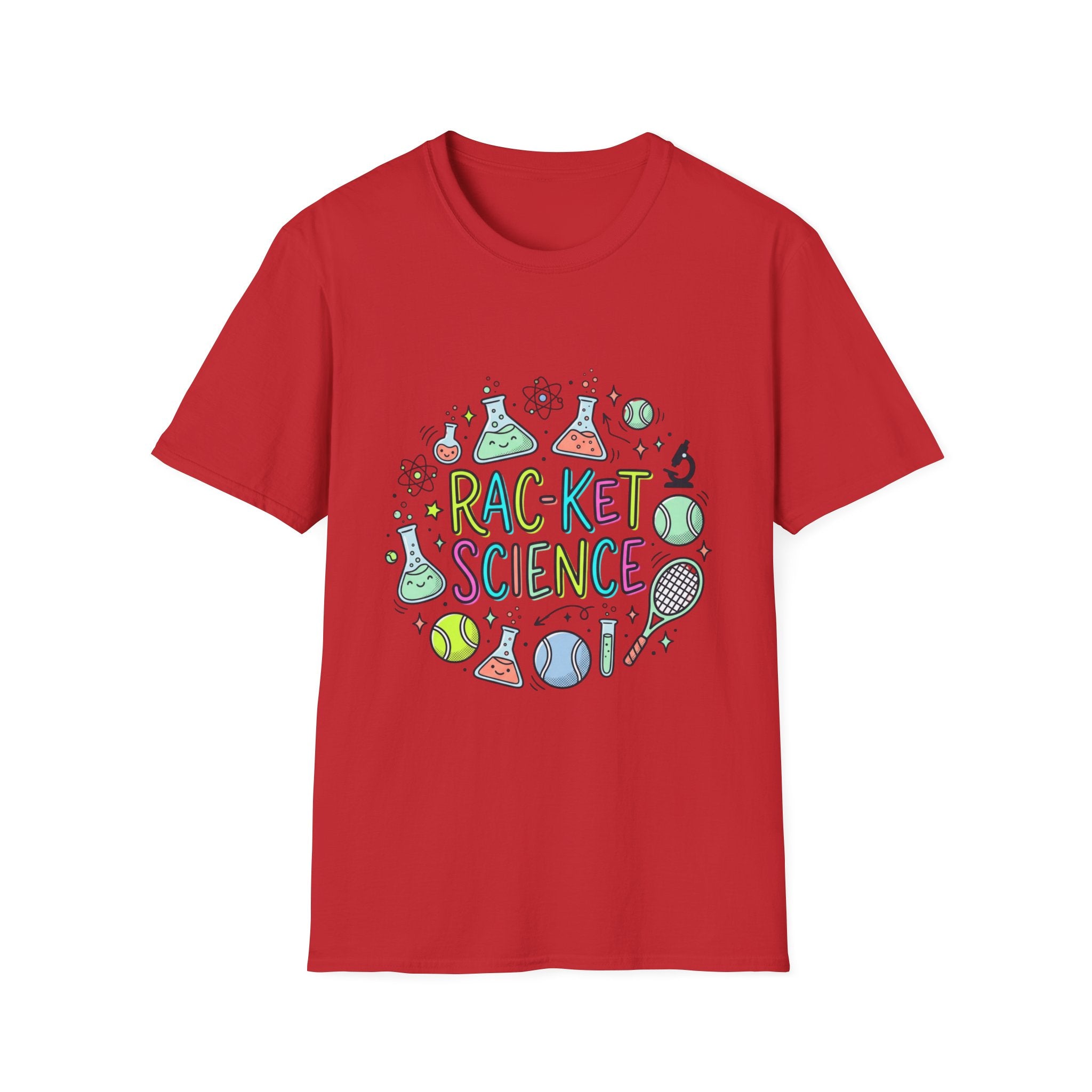 T-Shirt — Racket Science Graphic Tee (tennis + lab beakers)
