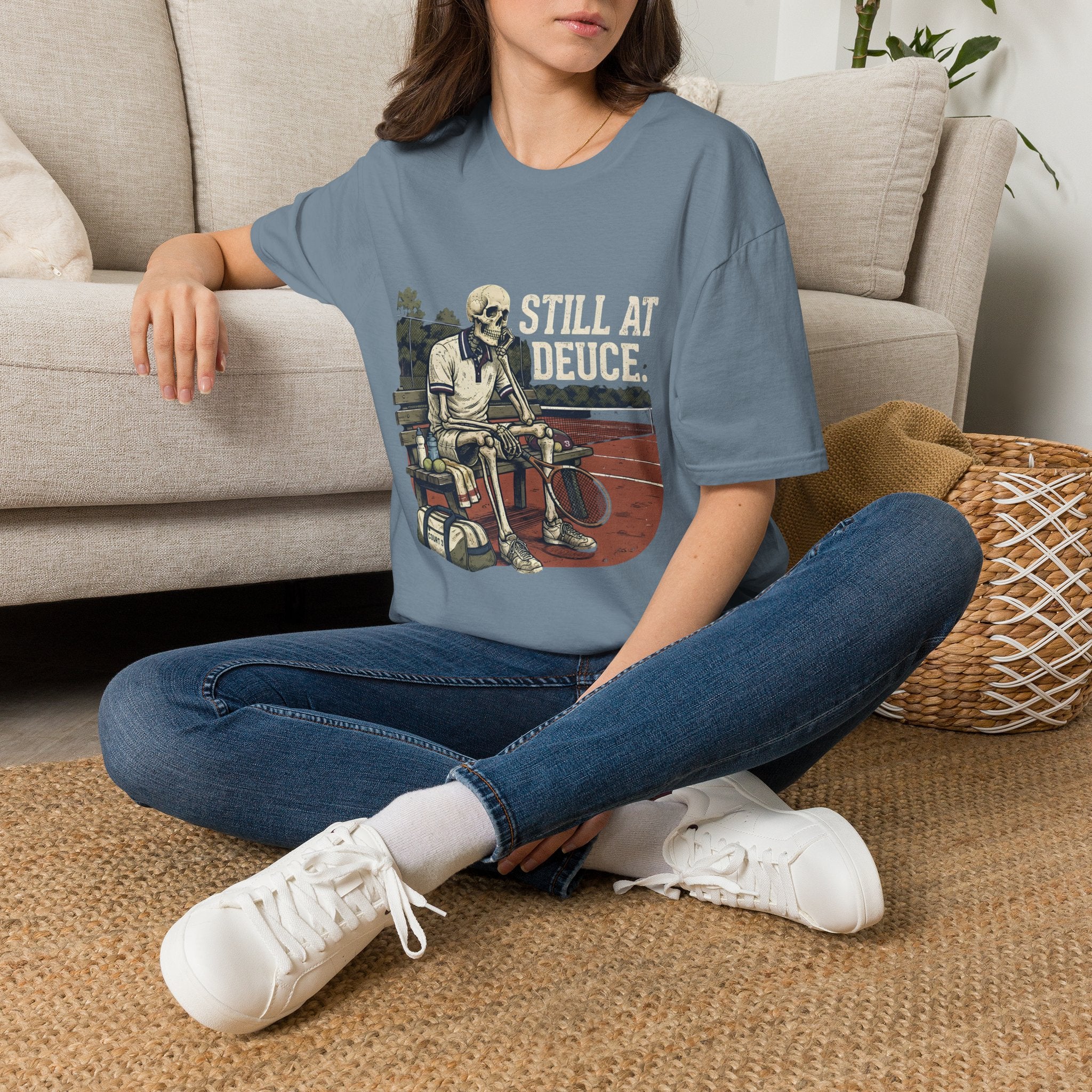 T-Shirt — "Still at Deuce" Tennis Skeleton Graphic Tee