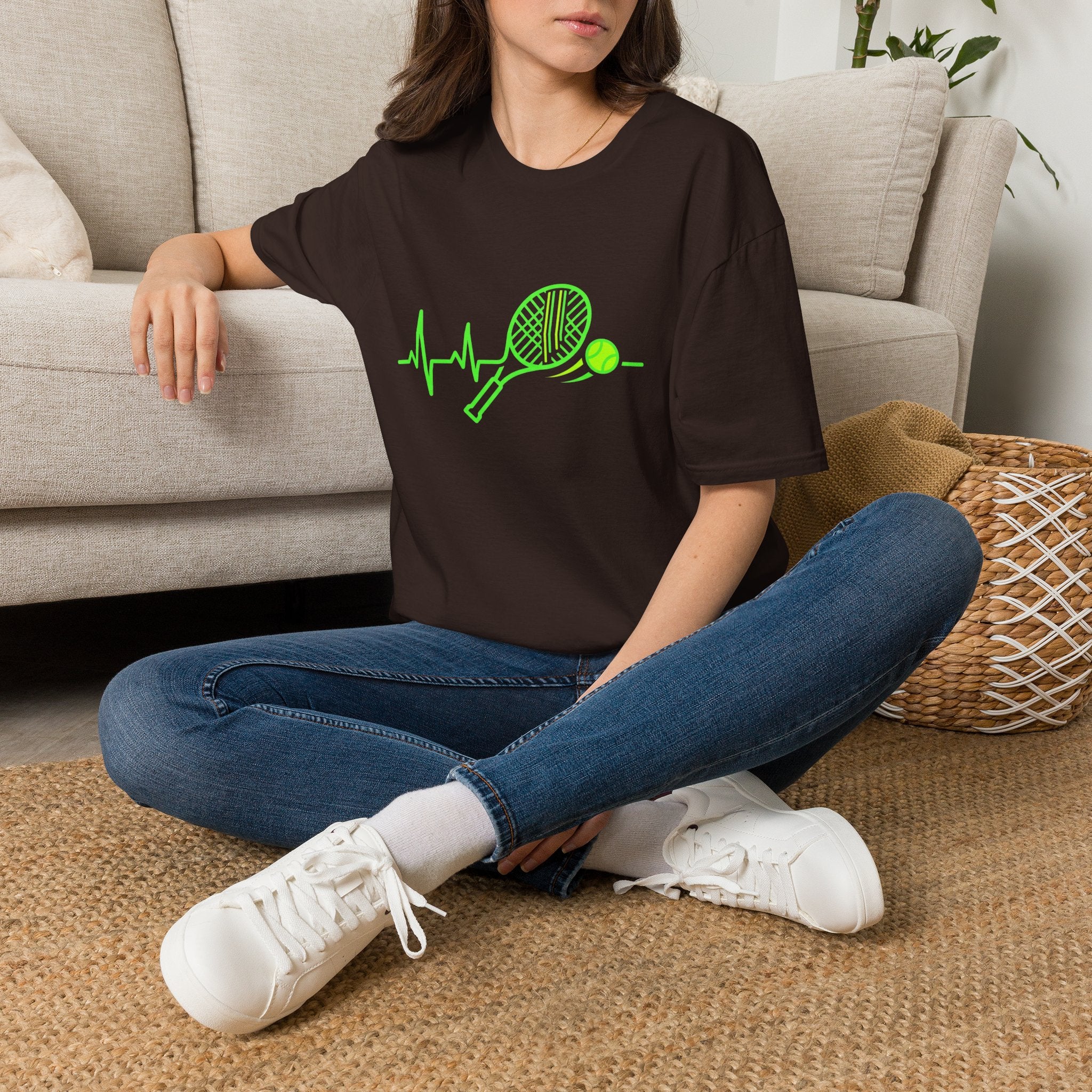 Tennis Racket Heartbeat T-Shirt — Neon Green Tennis Lover Tee
