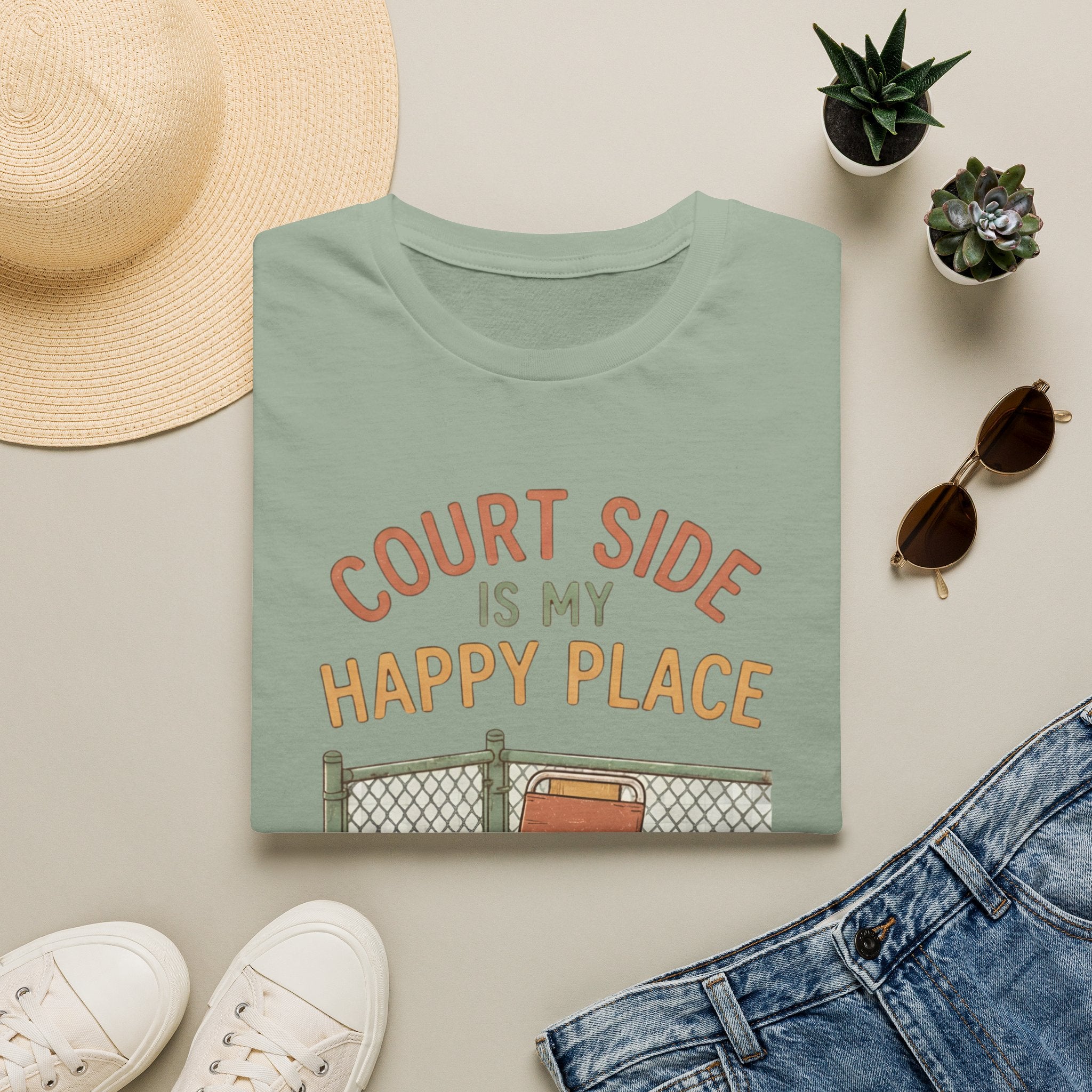 T-Shirt — "Court Side Is My Happy Place" Tennis Crew Tee