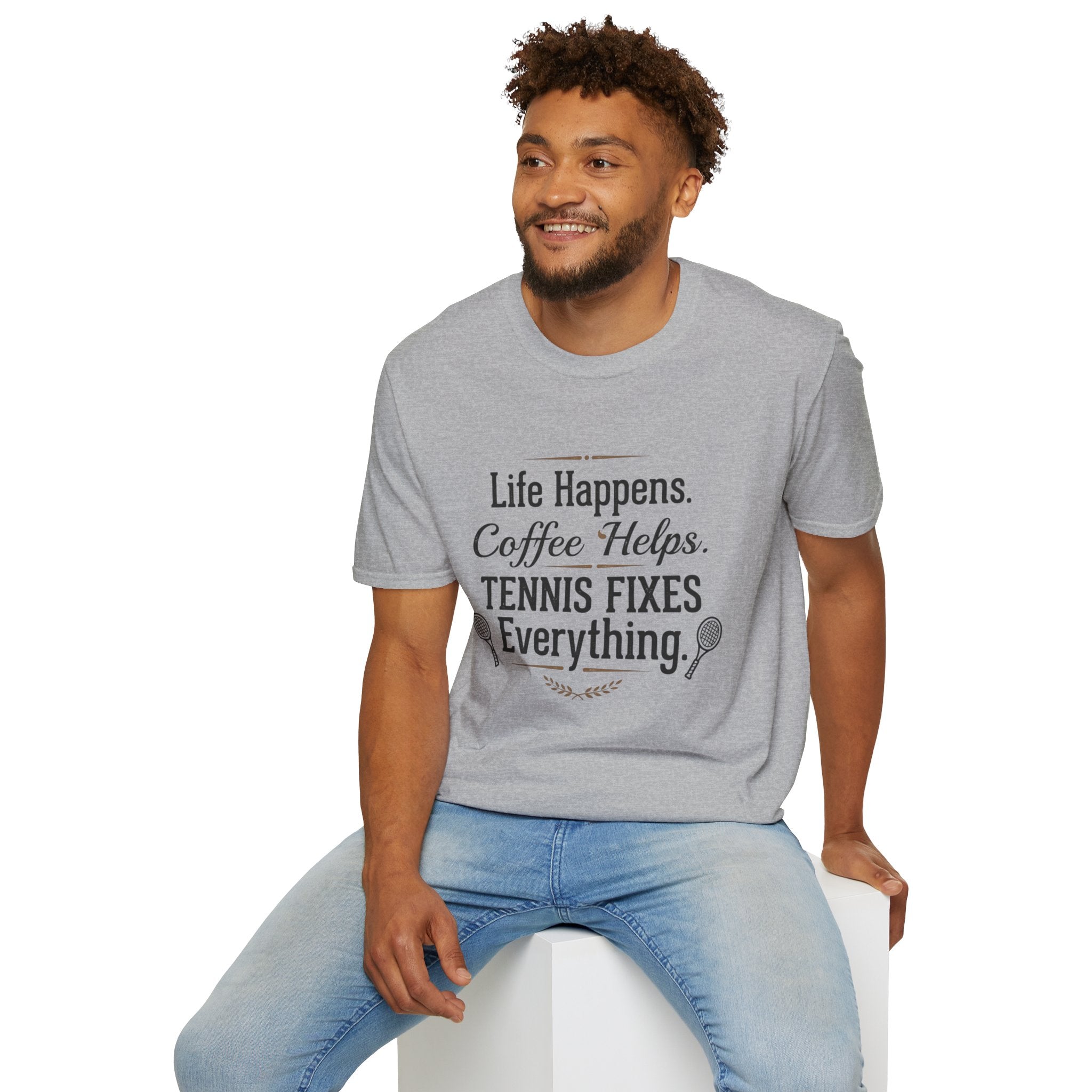 Tennis Tee — “Life Happens. Coffee Helps. Tennis Fixes Everything.” Funny Coffee & Tennis Shirt