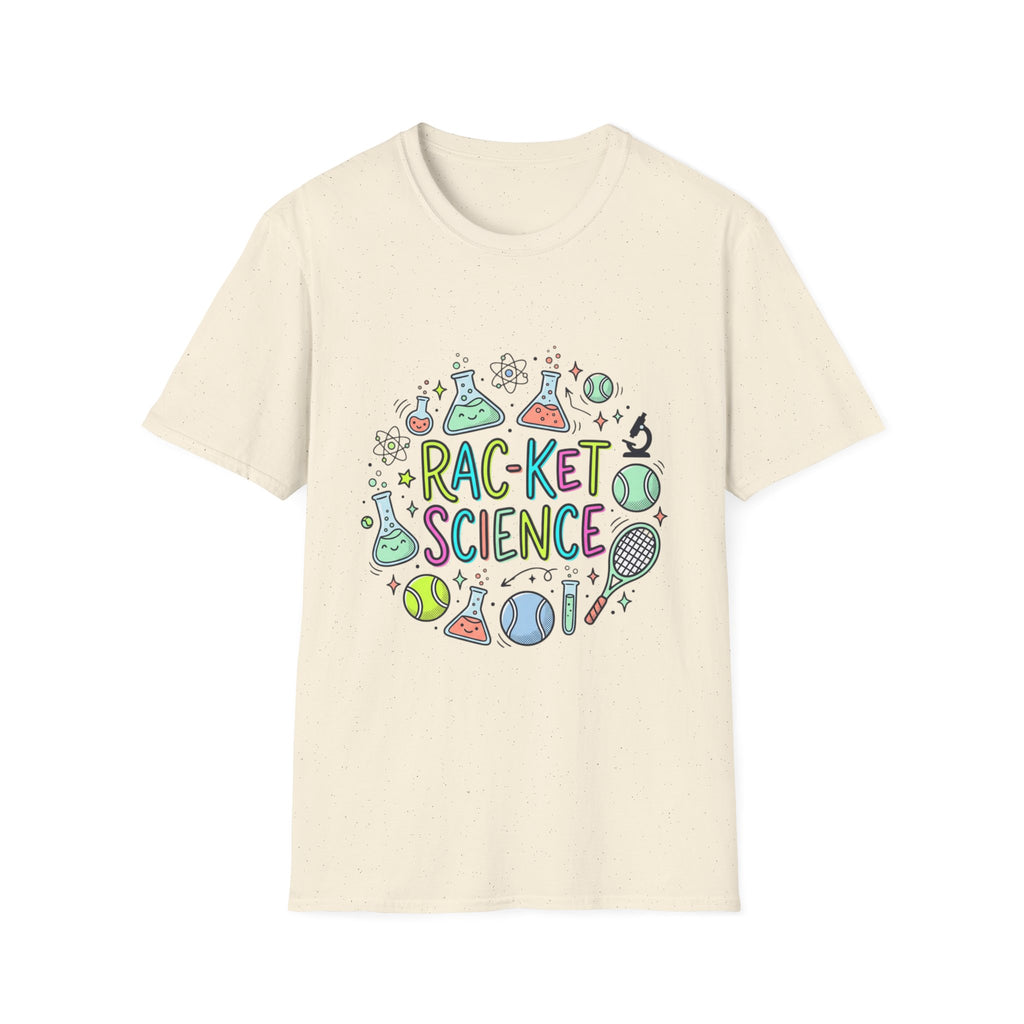 T-Shirt — Racket Science Graphic Tee (tennis + lab beakers)