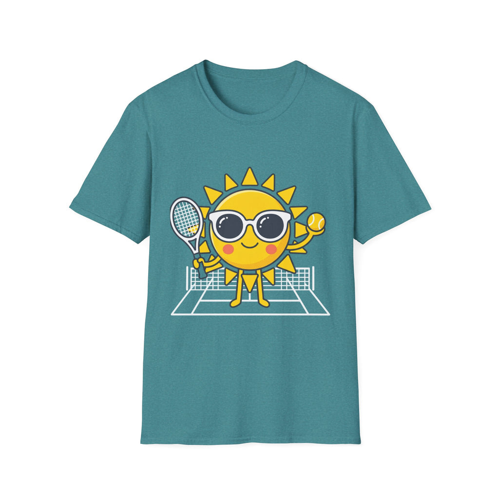 Sun Tennis Emoji T-Shirt — Cute Sunglasses Sun Playing Tennis Graphic Tee