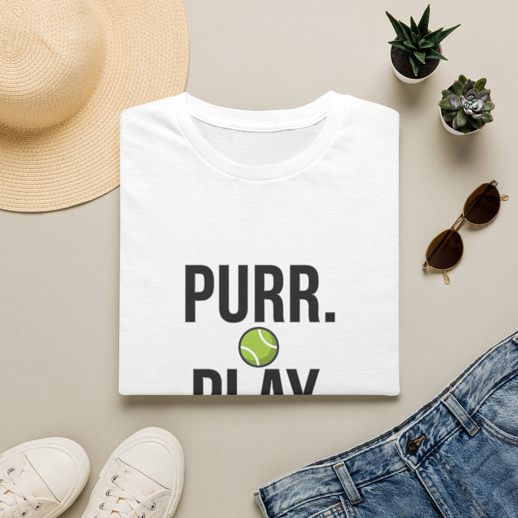 Purr. Play. Repeat. Cat Lover T-Shirt — Tennis Ball & Paw Graphic