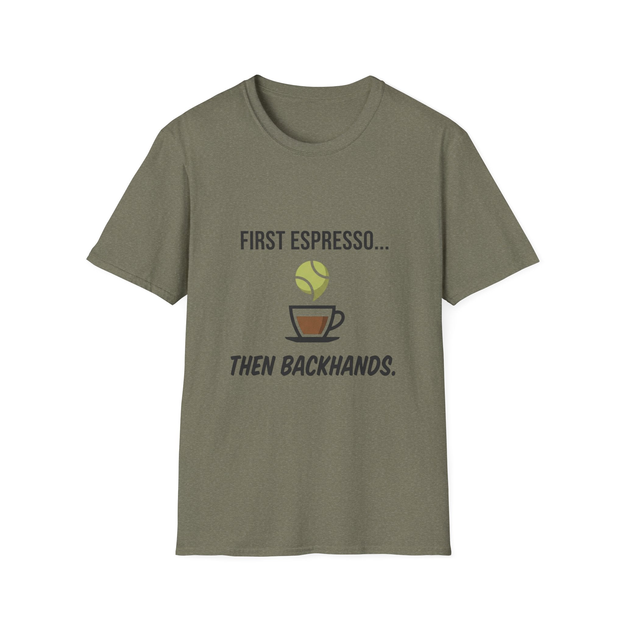 Tennis Coffee Tee — "First Espresso... Then Backhands"