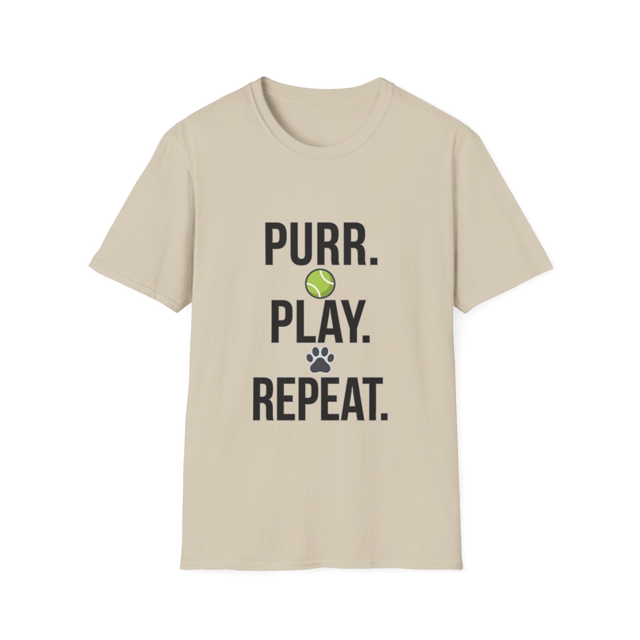 Purr. Play. Repeat. Cat Lover T-Shirt — Tennis Ball & Paw Graphic