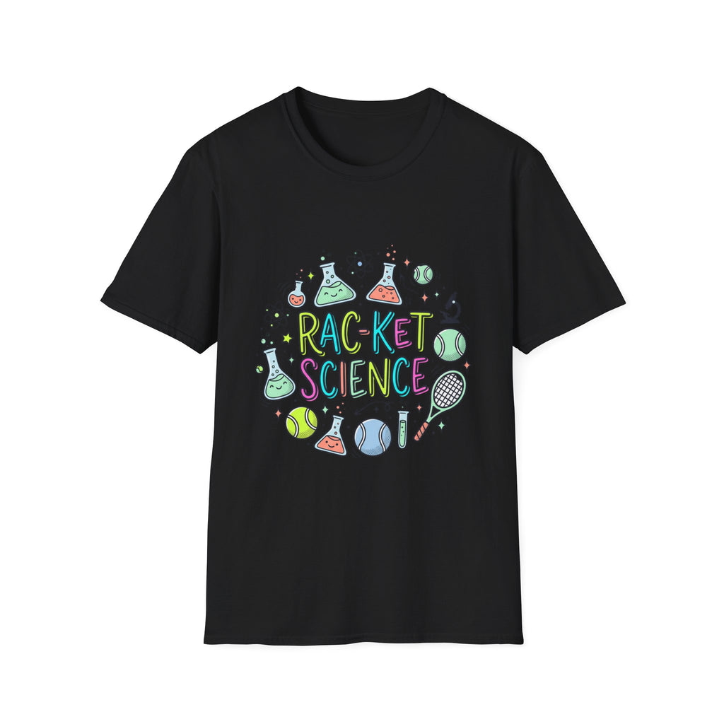 T-Shirt — Racket Science Graphic Tee (tennis + lab beakers)