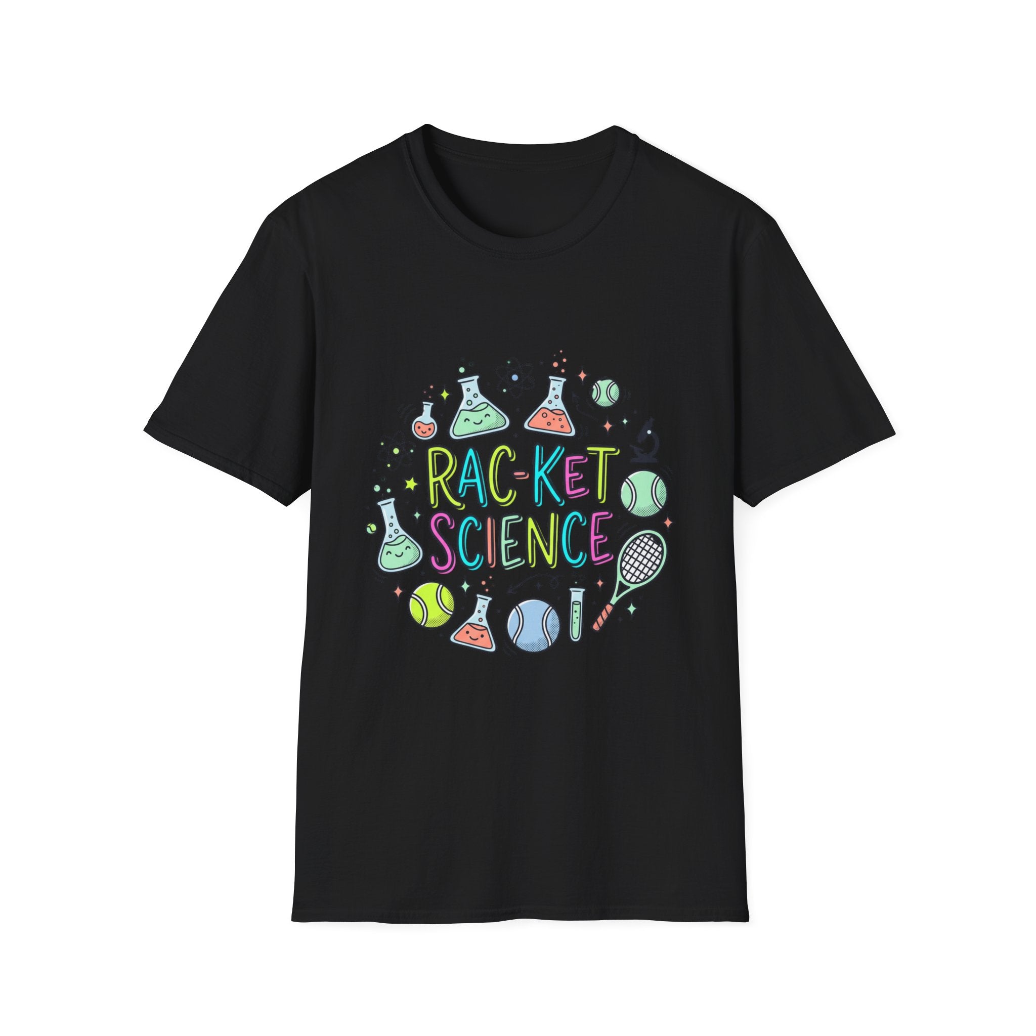 T-Shirt — Racket Science Graphic Tee (tennis + lab beakers)