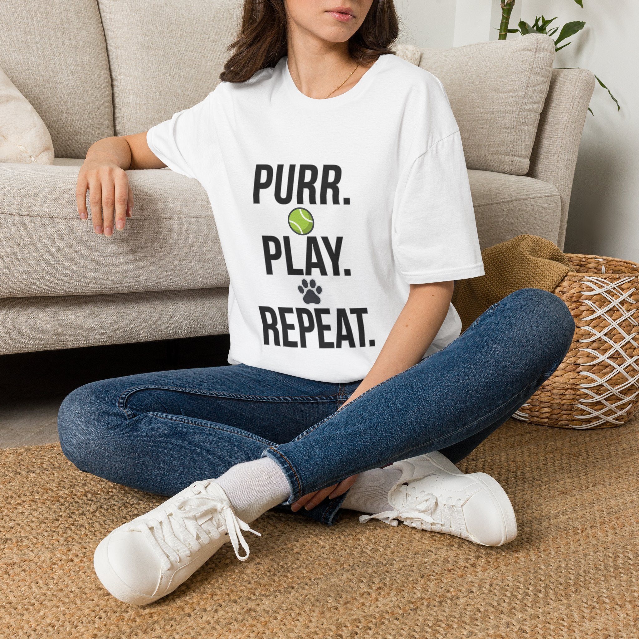 Purr. Play. Repeat. Cat Lover T-Shirt — Tennis Ball & Paw Graphic