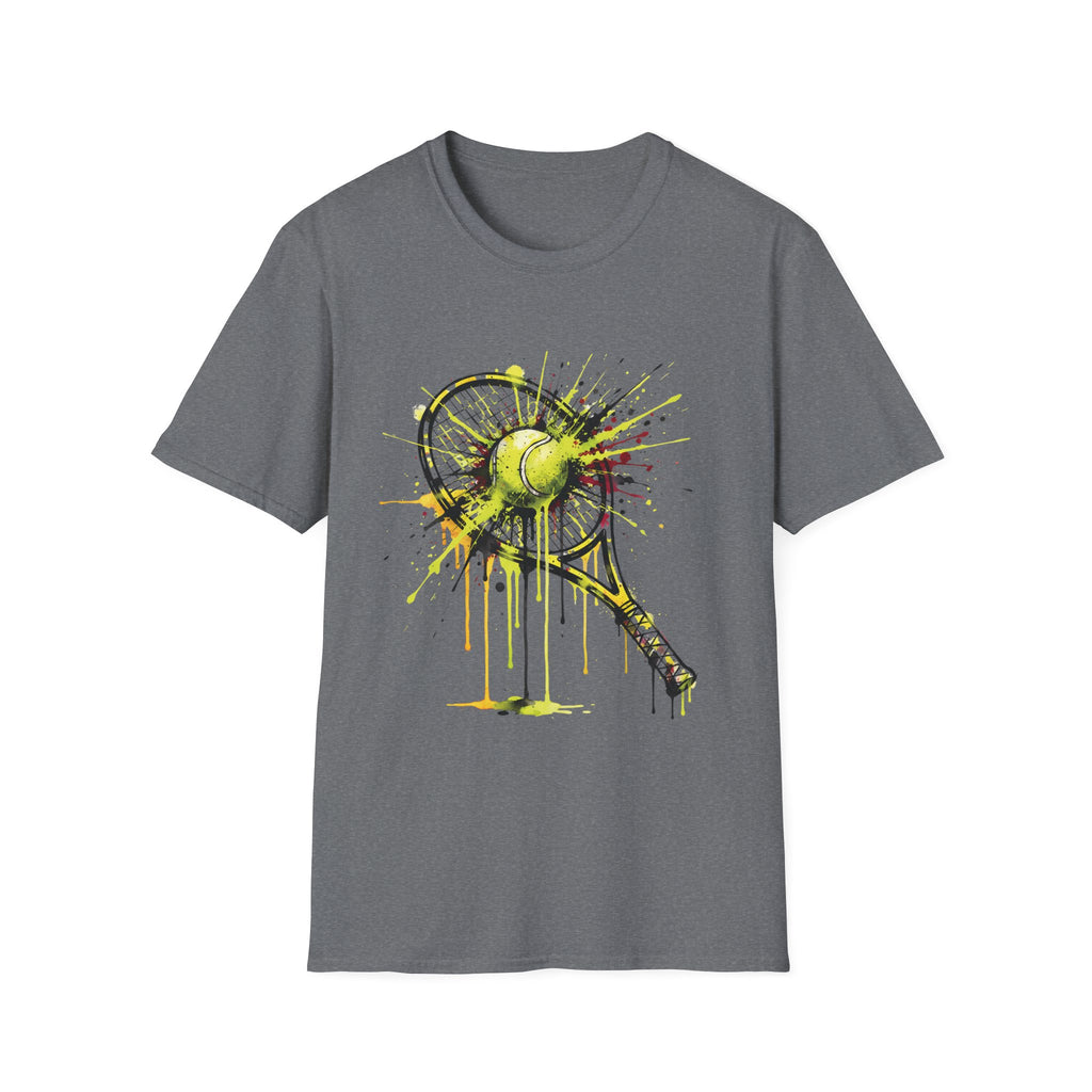 Tennis Racket & Ball Splash T‑Shirt — Watercolor Sports Graphic Tee