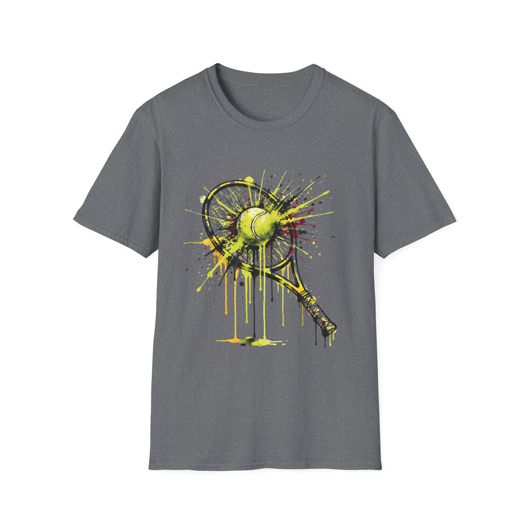 Tennis Racket & Ball Splash T‑Shirt — Watercolor Sports Graphic Tee