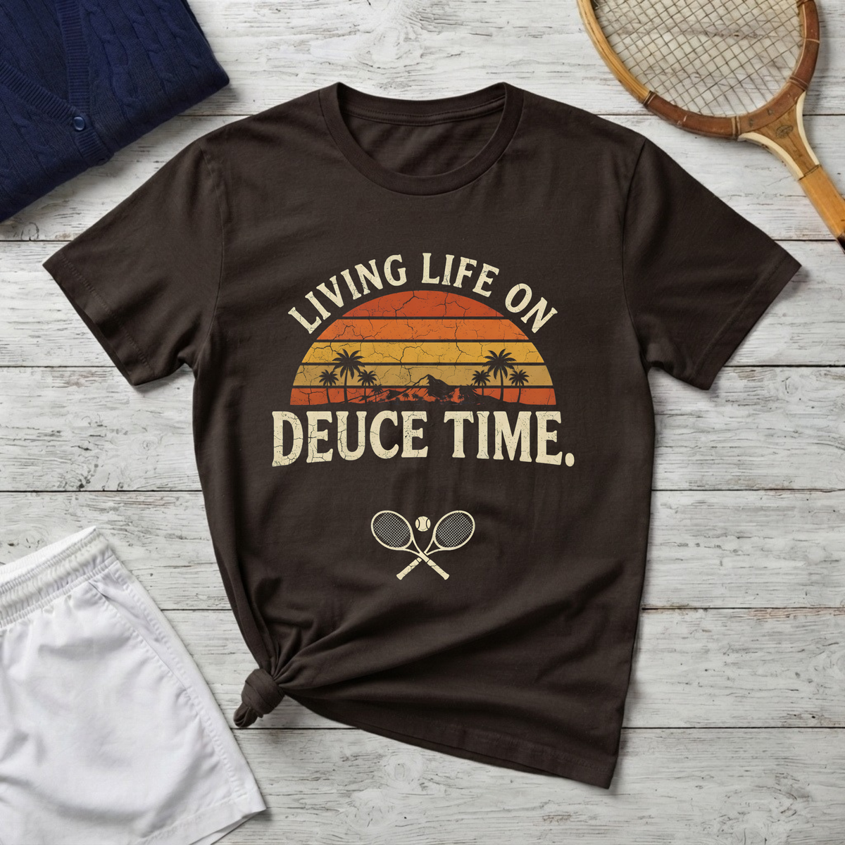 T-Shirt — "Living Life on Deuce Time" Vintage Tennis Sunset Tee