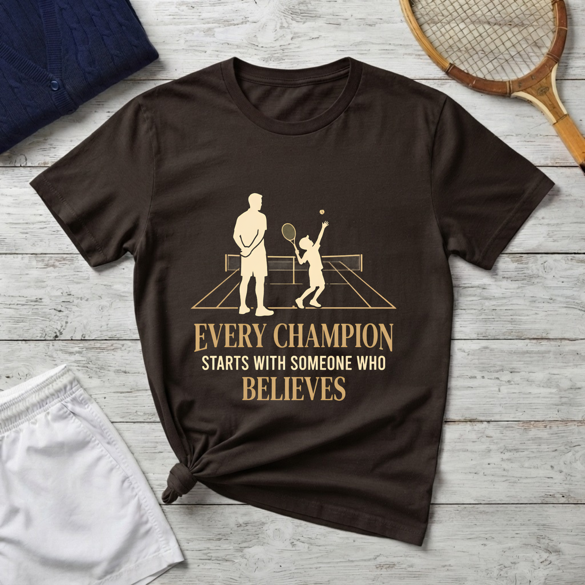 Tennis dad T‑Shirt — “Every Champion Starts With Someone Who Believes”