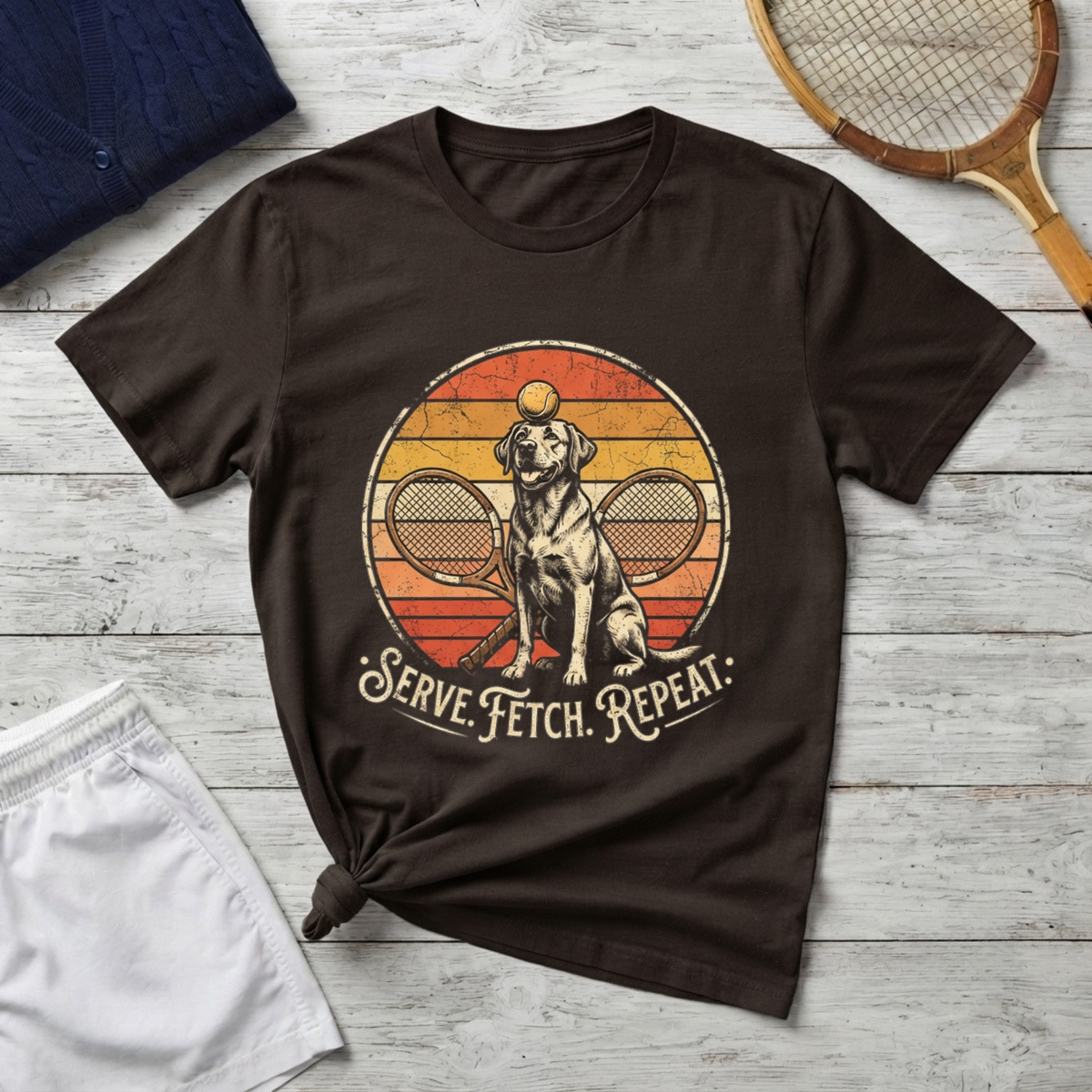 Dog Tennis T-Shirt — “Serve. Fetch. Repeat.” Retro Labrador Tennis Tee