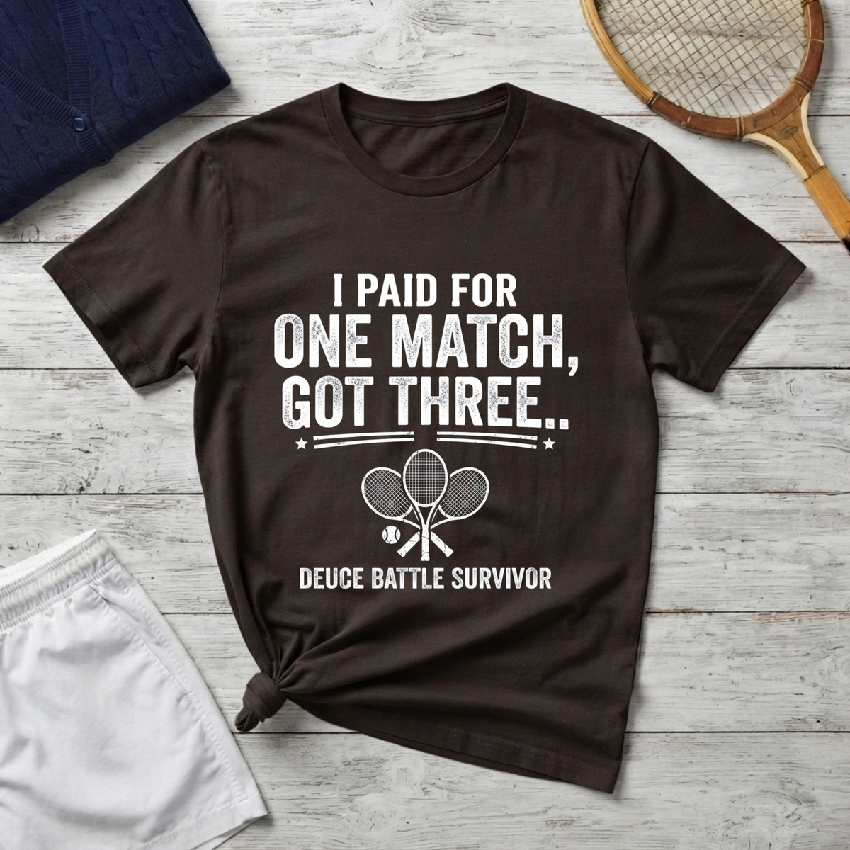 I Paid for One Match Got Three T-Shirt — Deuce Battle Survivor Tennis Humor Tee