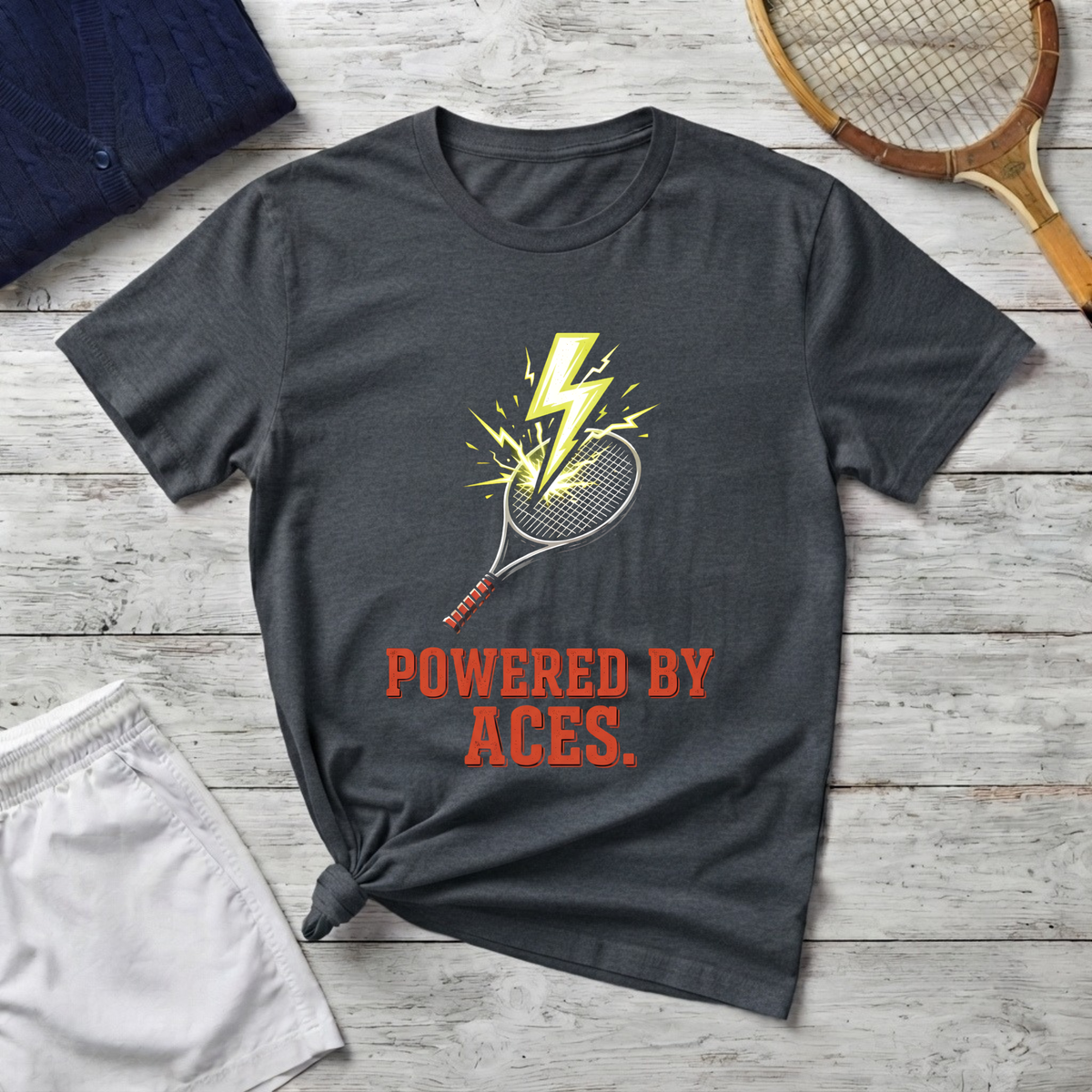 Tennis T-Shirt — "Powered By Aces" Lightning Racket Tee