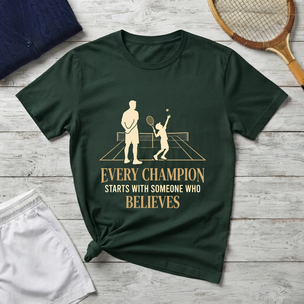 Tennis dad T‑Shirt — “Every Champion Starts With Someone Who Believes”