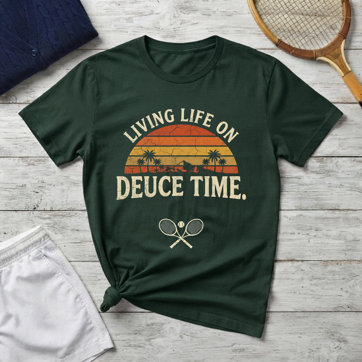 T-Shirt — "Living Life on Deuce Time" Vintage Tennis Sunset Tee