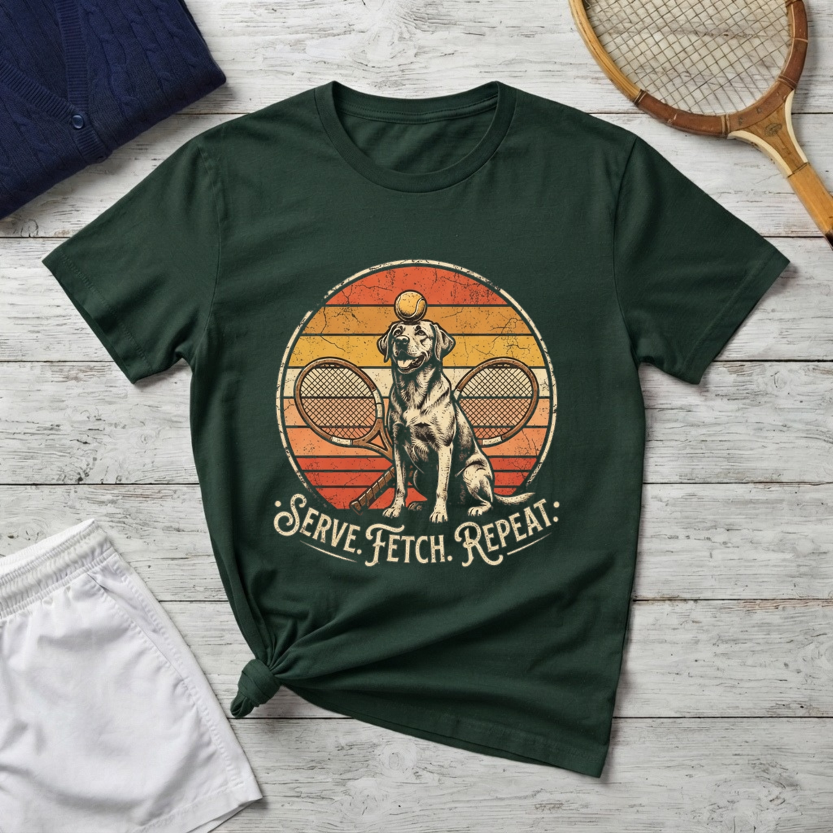 Dog Tennis T-Shirt — “Serve. Fetch. Repeat.” Retro Labrador Tennis Tee
