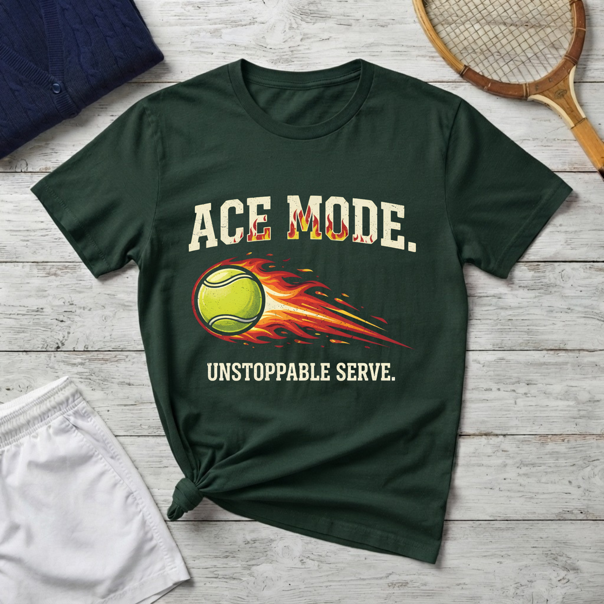 Ace Mode Tennis T-Shirt — Flaming Ball "Unstoppable Serve" Graphic Tee