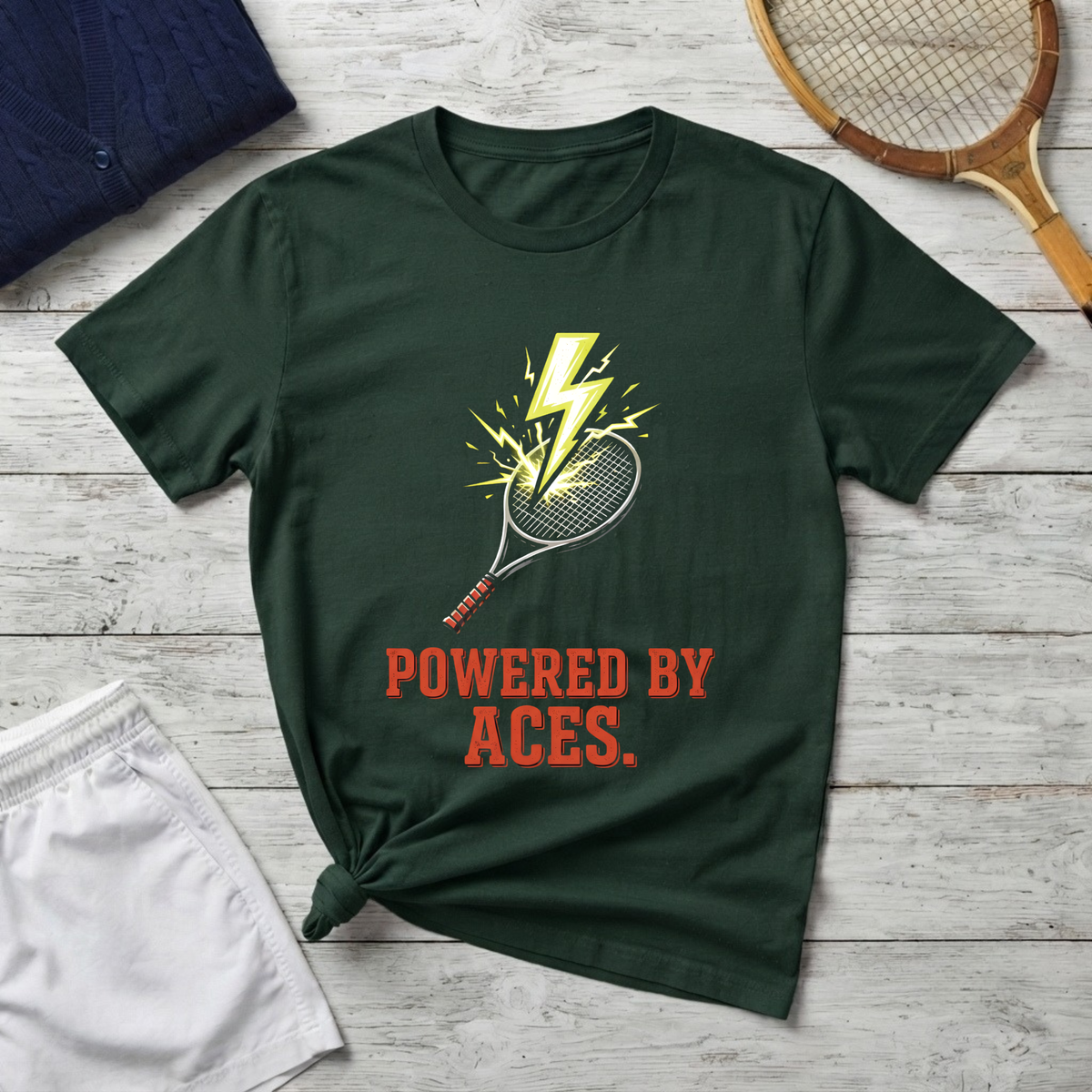 Tennis T-Shirt — "Powered By Aces" Lightning Racket Tee