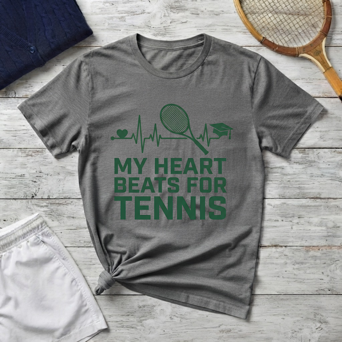 My Heart Beats for Tennis T-Shirt — Heartbeat Racket Design with Graduation Cap