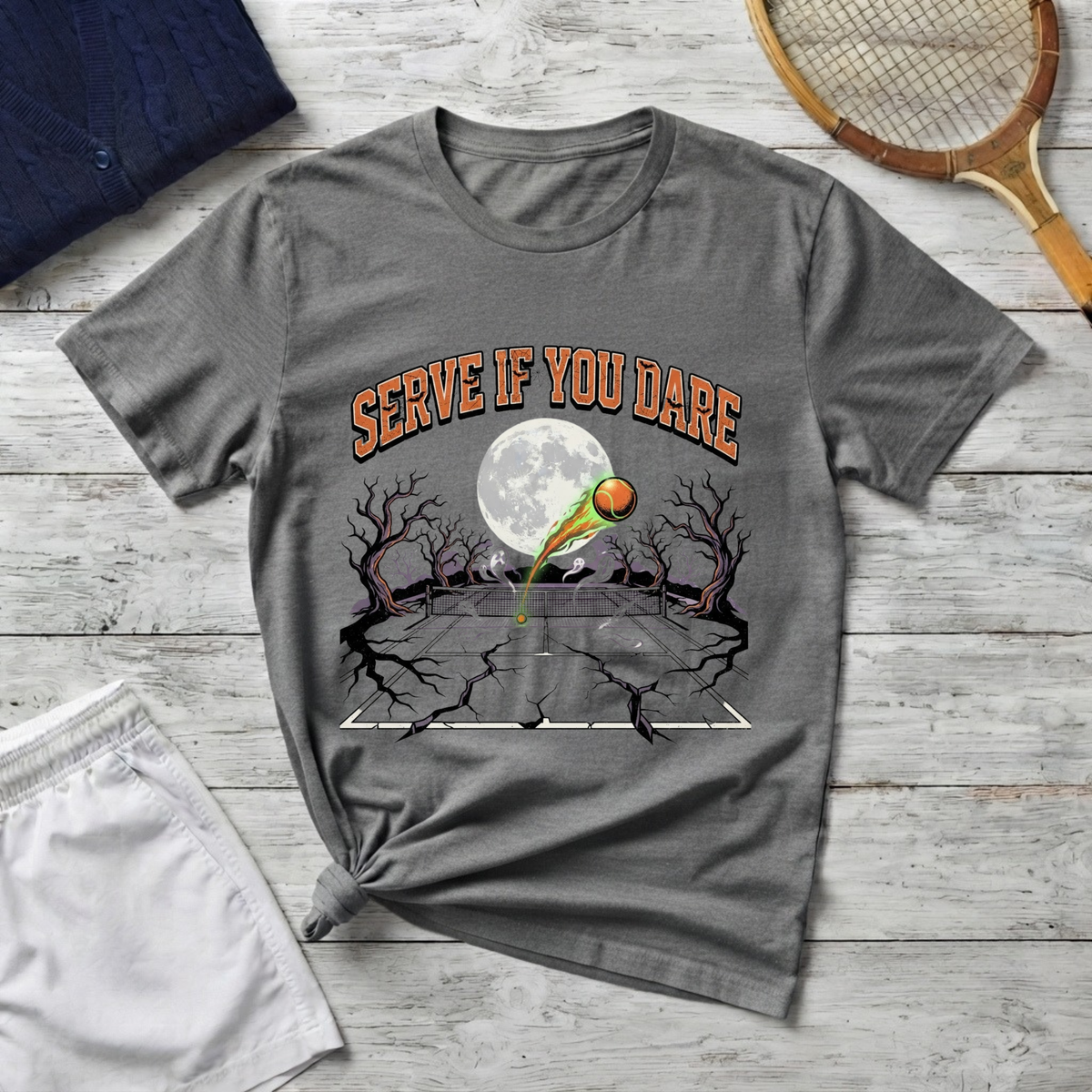 Tennis Tee — "Serve If You Dare" Retro Moon Graphic