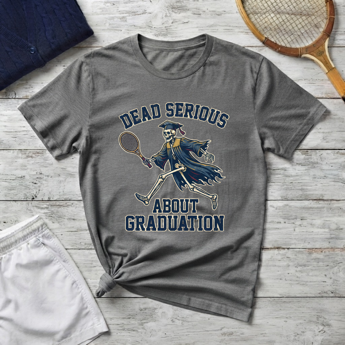 Graduation T-Shirt — "Dead Serious" Funny Skeleton Grad Tee