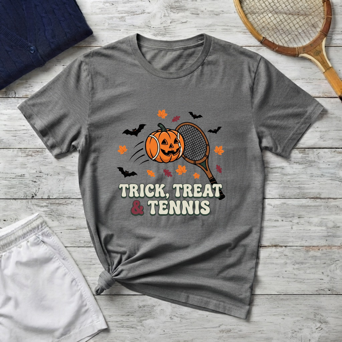 Trick Treat Tennis T-Shirt — Halloween Pumpkin Tennis Racquet Tee