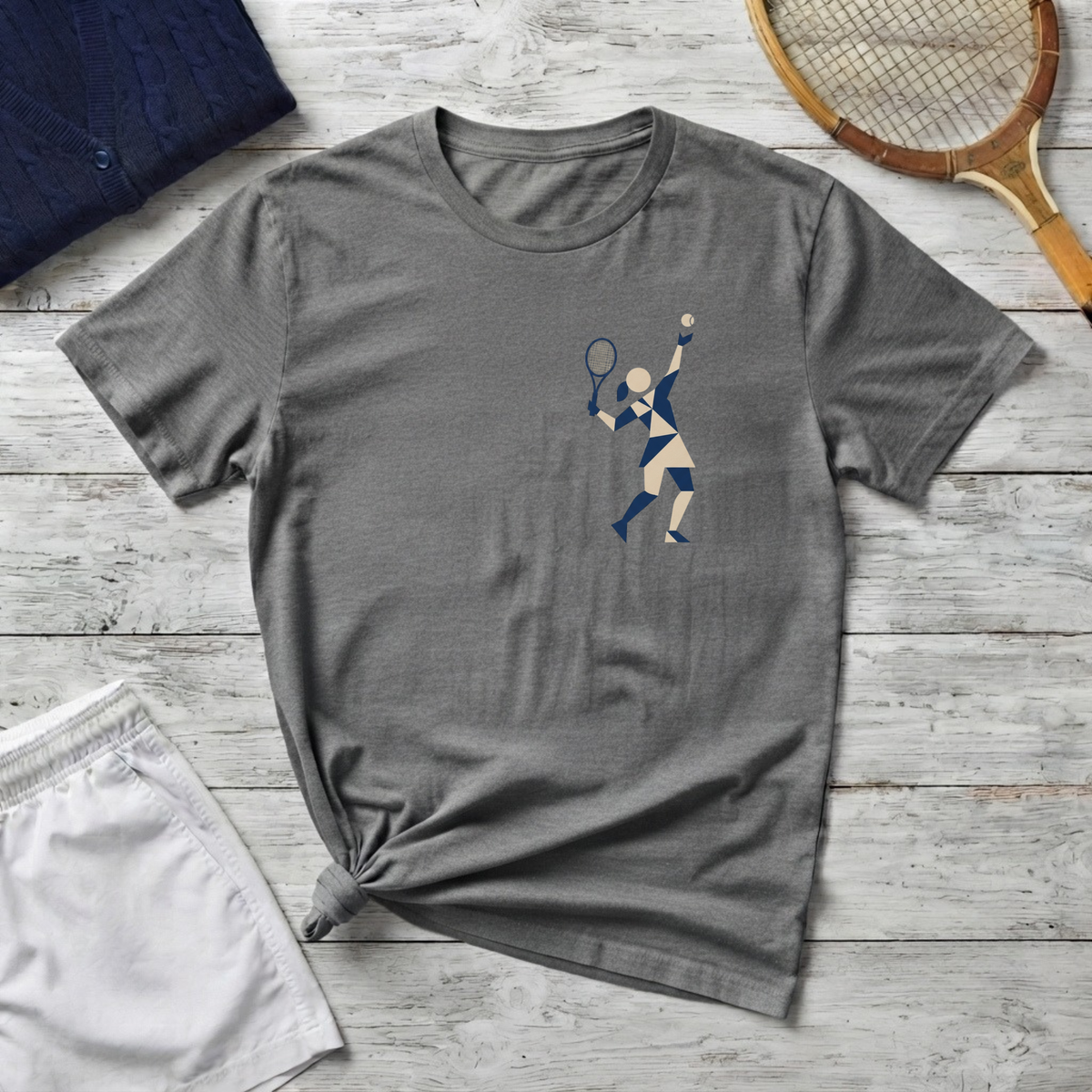 Geometric Tennis Player T-Shirt — Retro Athletic Graphic Tee