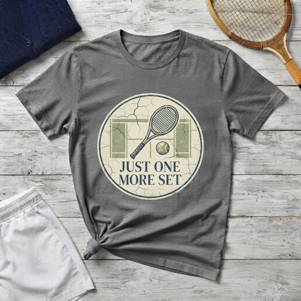 Tennis T‑Shirt — 'Just One More Set' Vintage Court Graphic