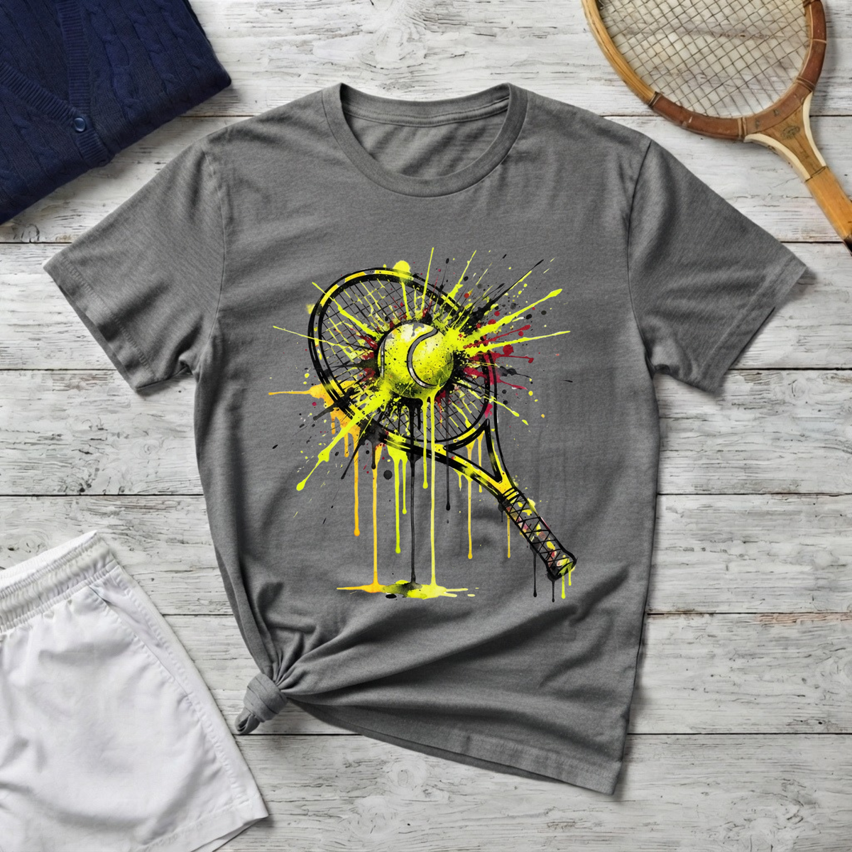 Tennis Racket & Ball Splash T‑Shirt — Watercolor Sports Graphic Tee