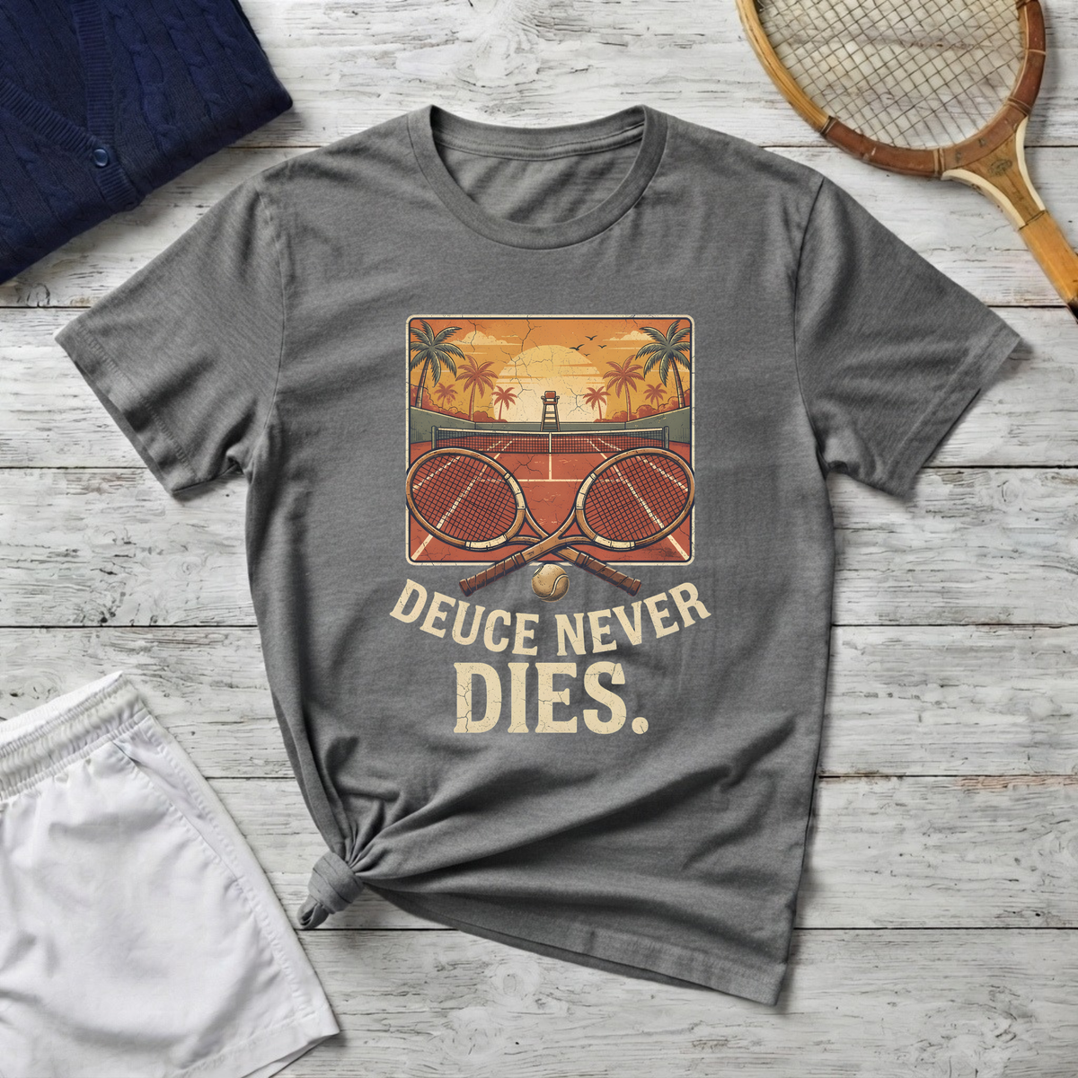 Tennis Sunset T-Shirt — Vintage 'Deuce Never Dies' Tennis Graphic Tee