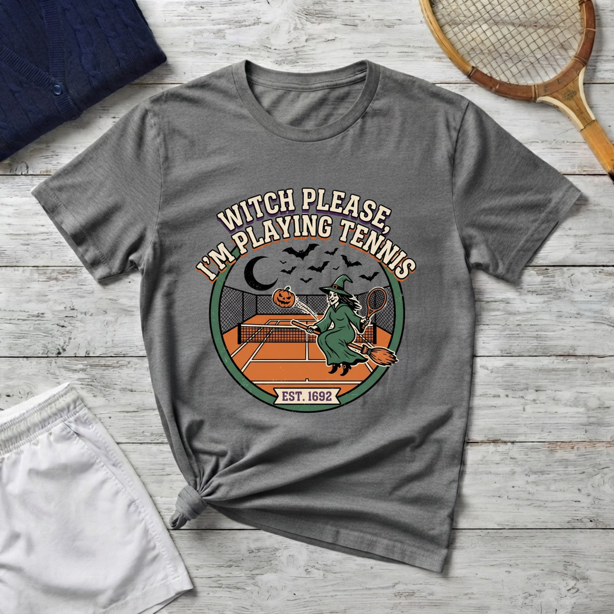 Witch Please I'm Playing Tennis T‑Shirt — Halloween Tennis Player Graphic Shirt