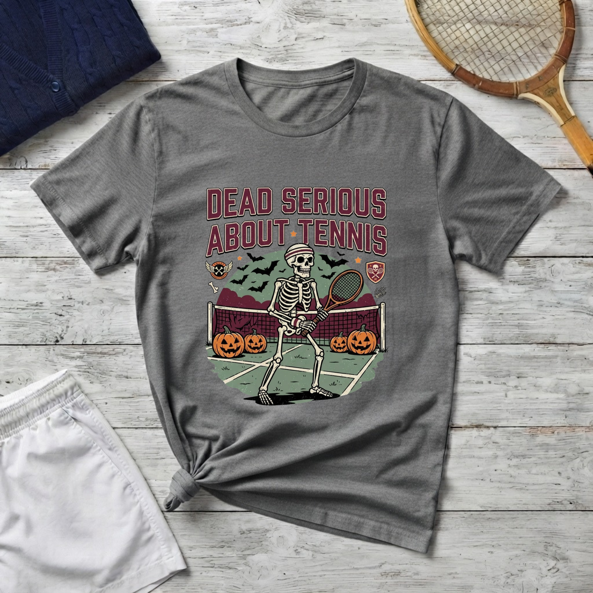 T-Shirt — "Dead Serious About Tennis" Skeleton Tennis Graphic Tee