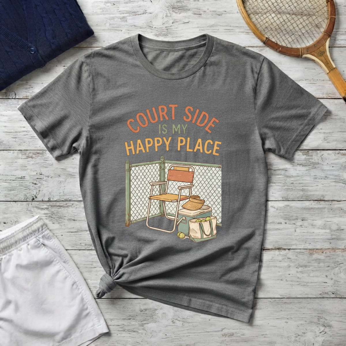 T-Shirt — "Court Side Is My Happy Place" Tennis Crew Tee