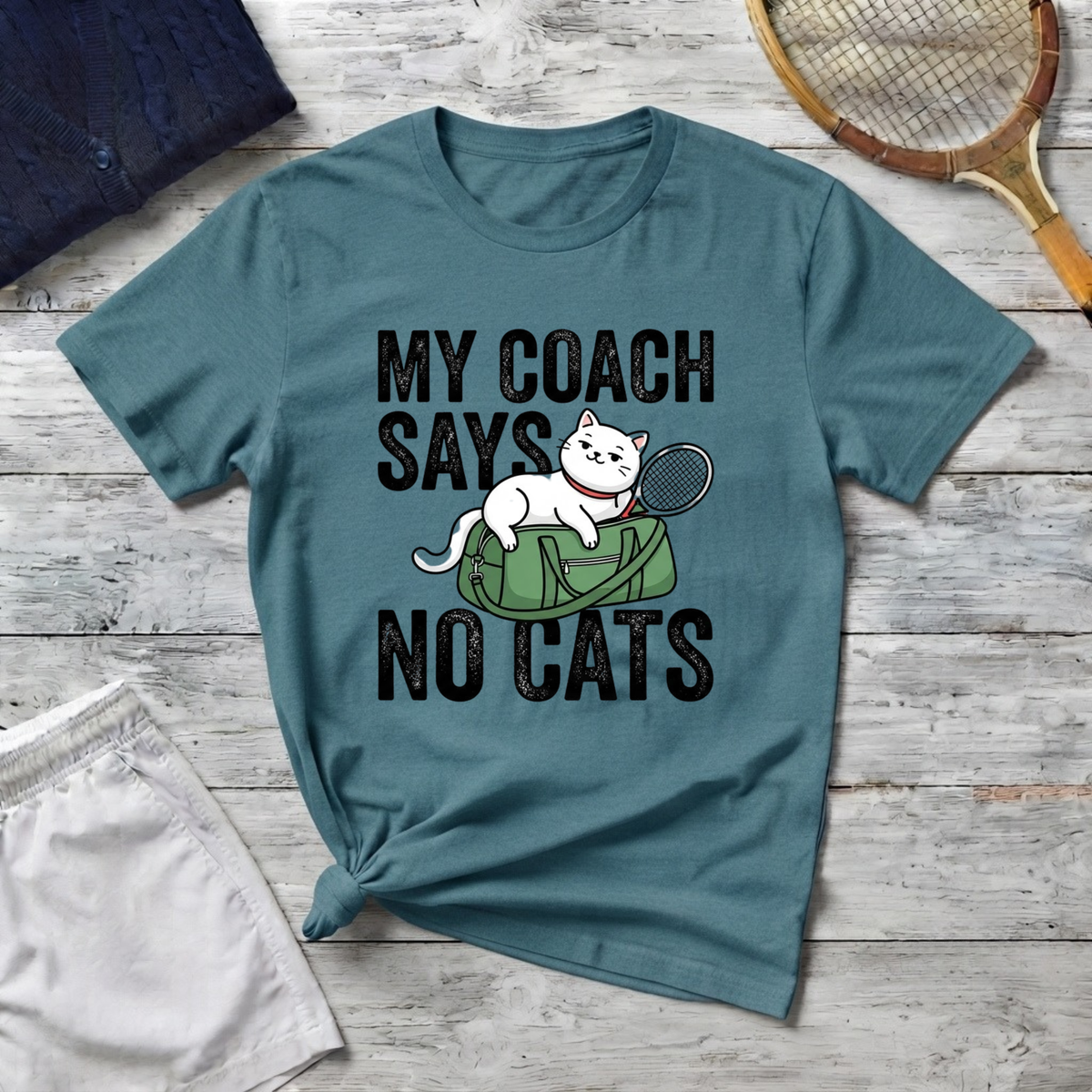 T-Shirt — My Coach Says No Cats (Funny Tennis Cat Tee)