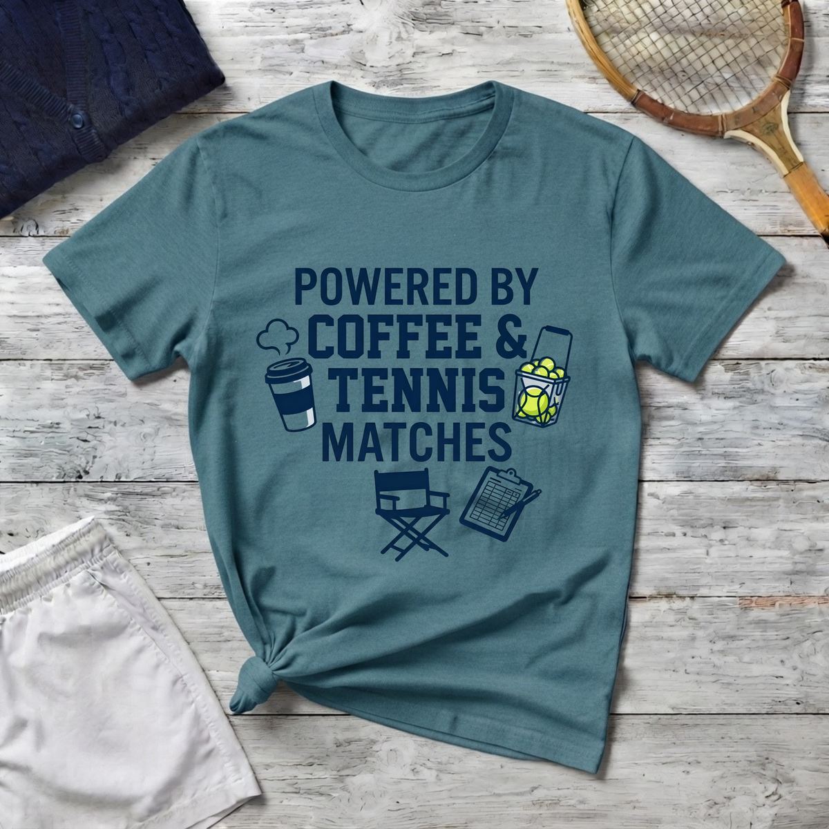 T-Shirt — "Powered by Coffee & Tennis Matches" Casual Tennis Player Tee