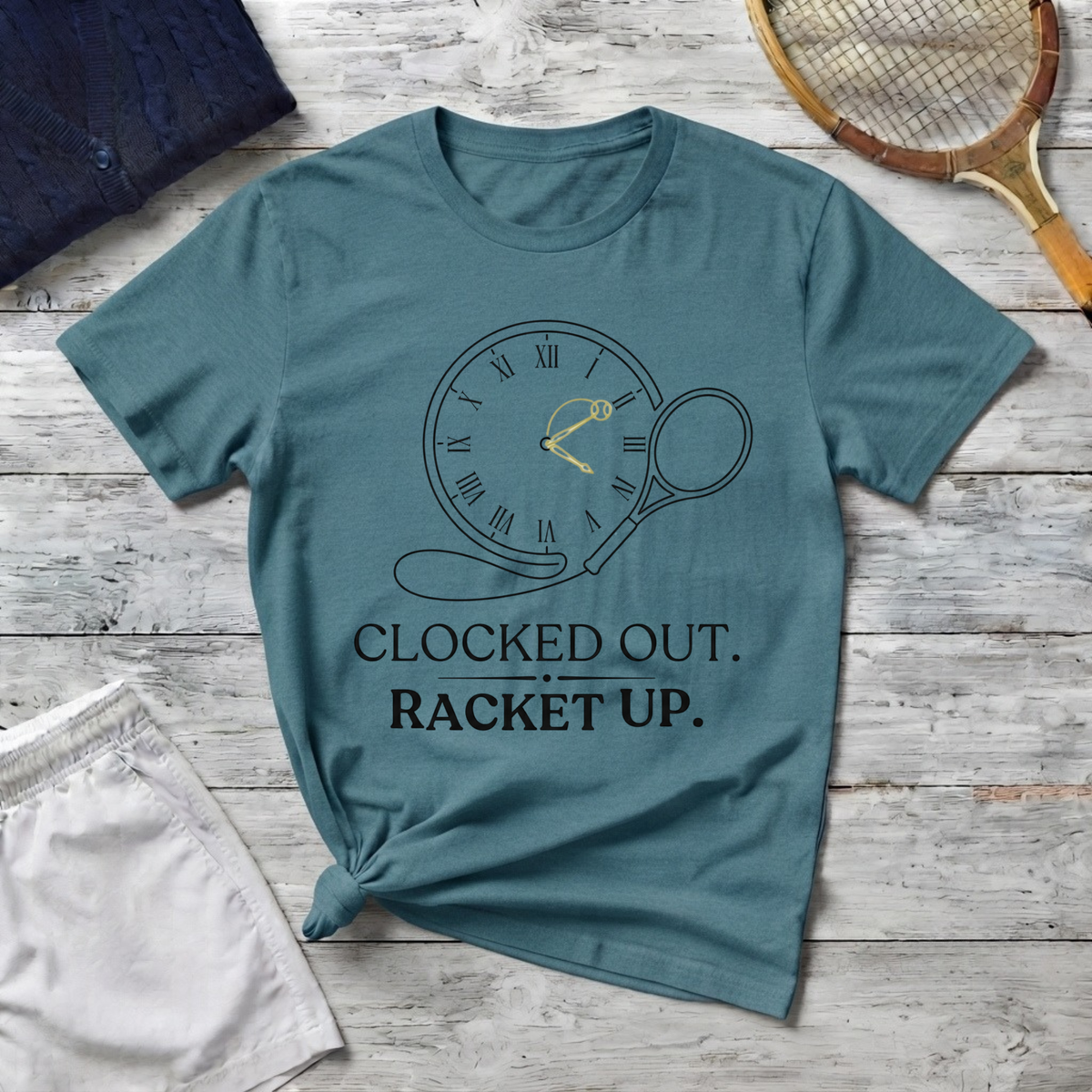 T-Shirt "Clocked Out. Racket Up." Tennis Clock Graphic