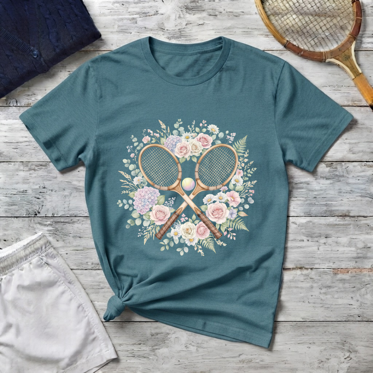 Tennis Floral T-Shirt — Vintage Rackets & Roses Graphic Tee