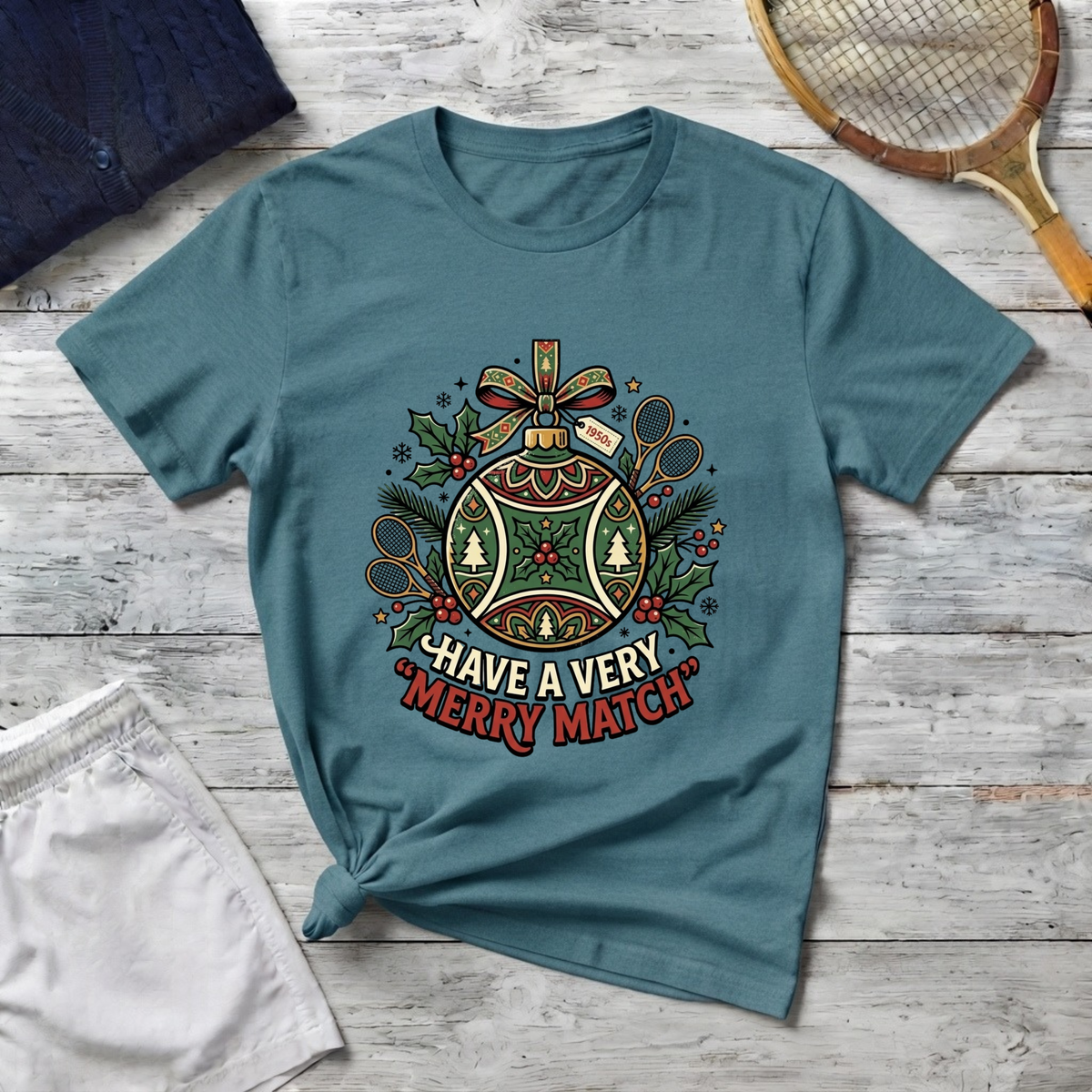 Christmas Tennis Ornament T-Shirt — "Have a Very Merry Match" Holiday Tee