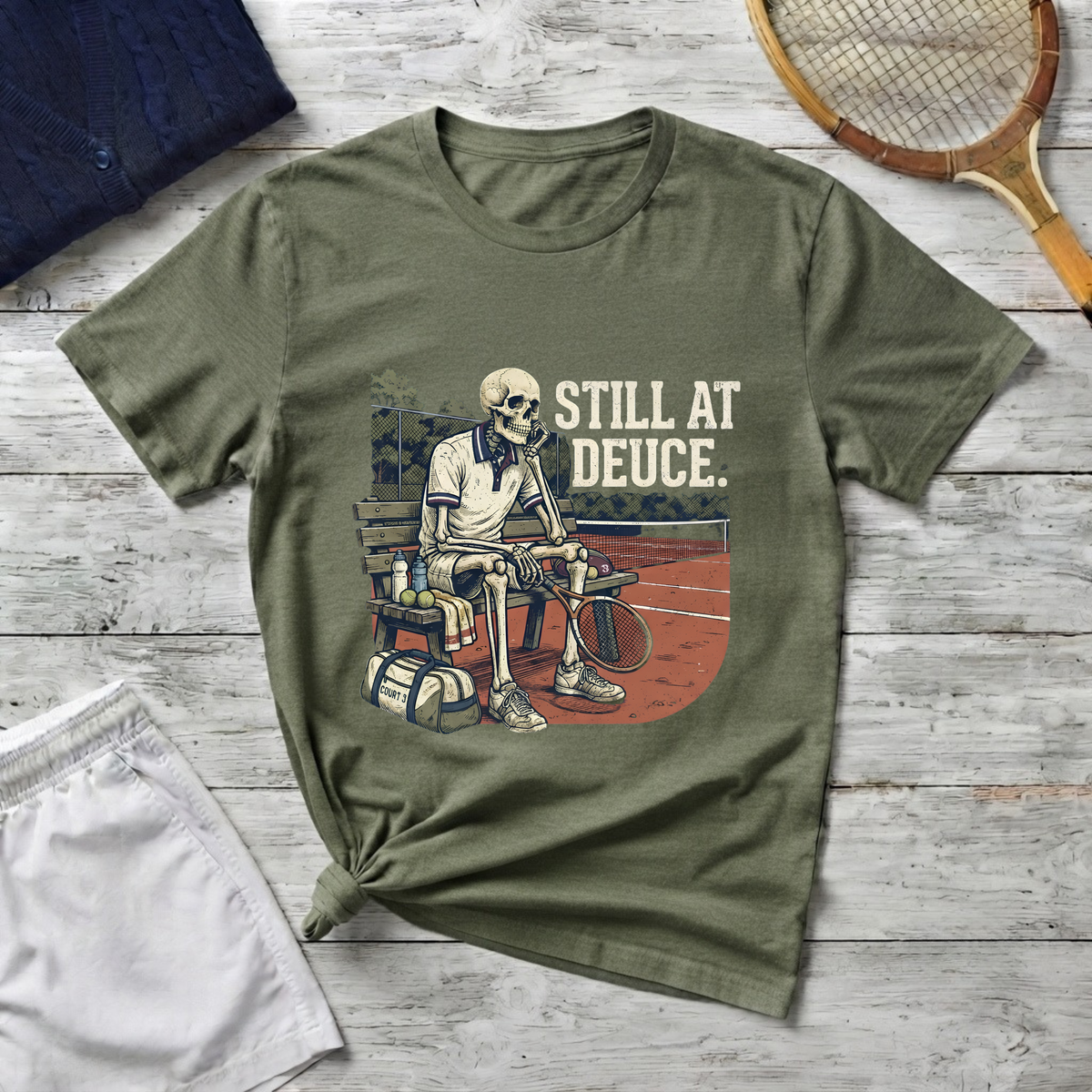 T-Shirt — "Still at Deuce" Tennis Skeleton Graphic Tee